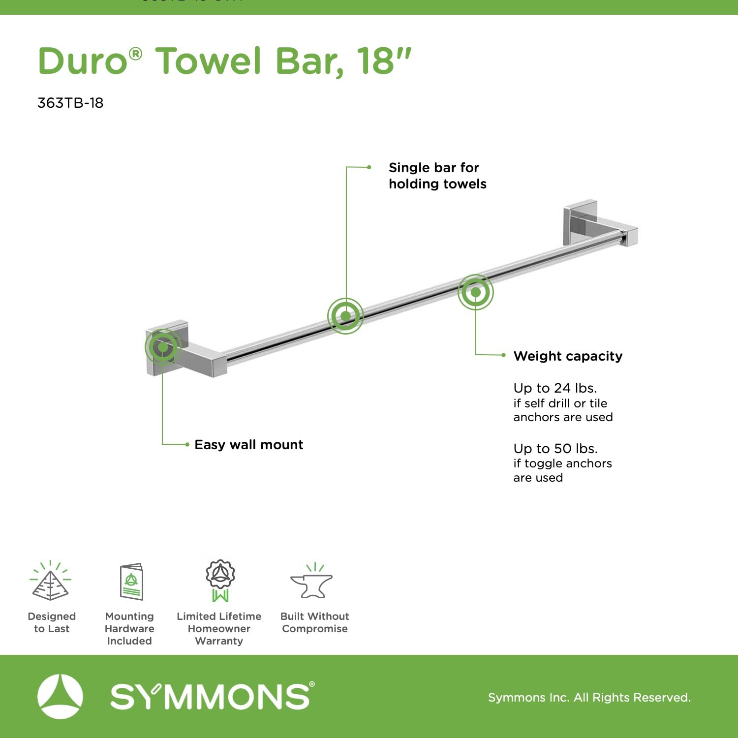 Symmons 363Tb-18 Duro 18 In. Wall-Mounted Towel Bar In Polished Chrome