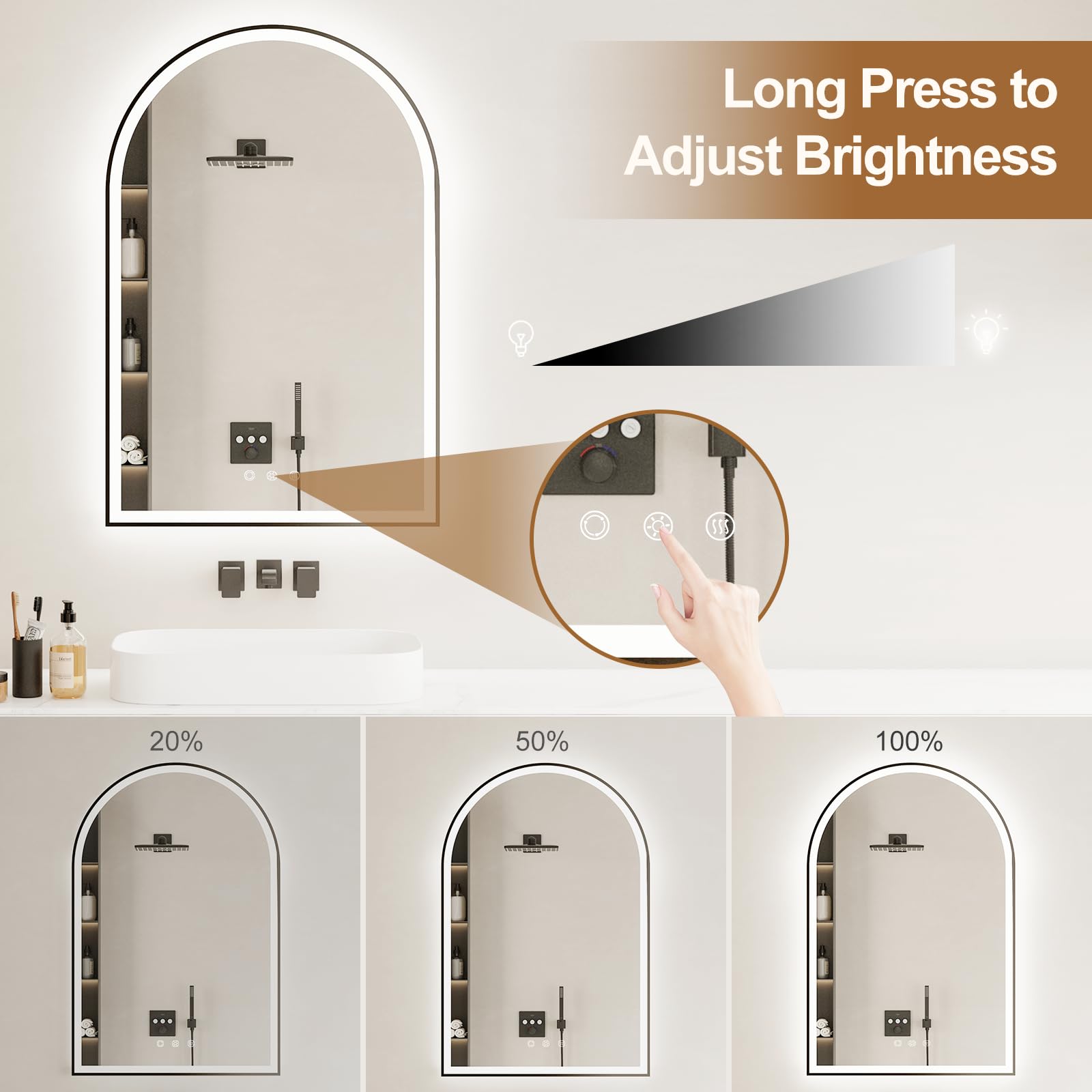 Oumusu Arched Led Bathroom Mirror 24''X36'' With Front And Backlight, Black Bathroom Mirror With Lights-Anti-Fog, Dimmable-Led M
