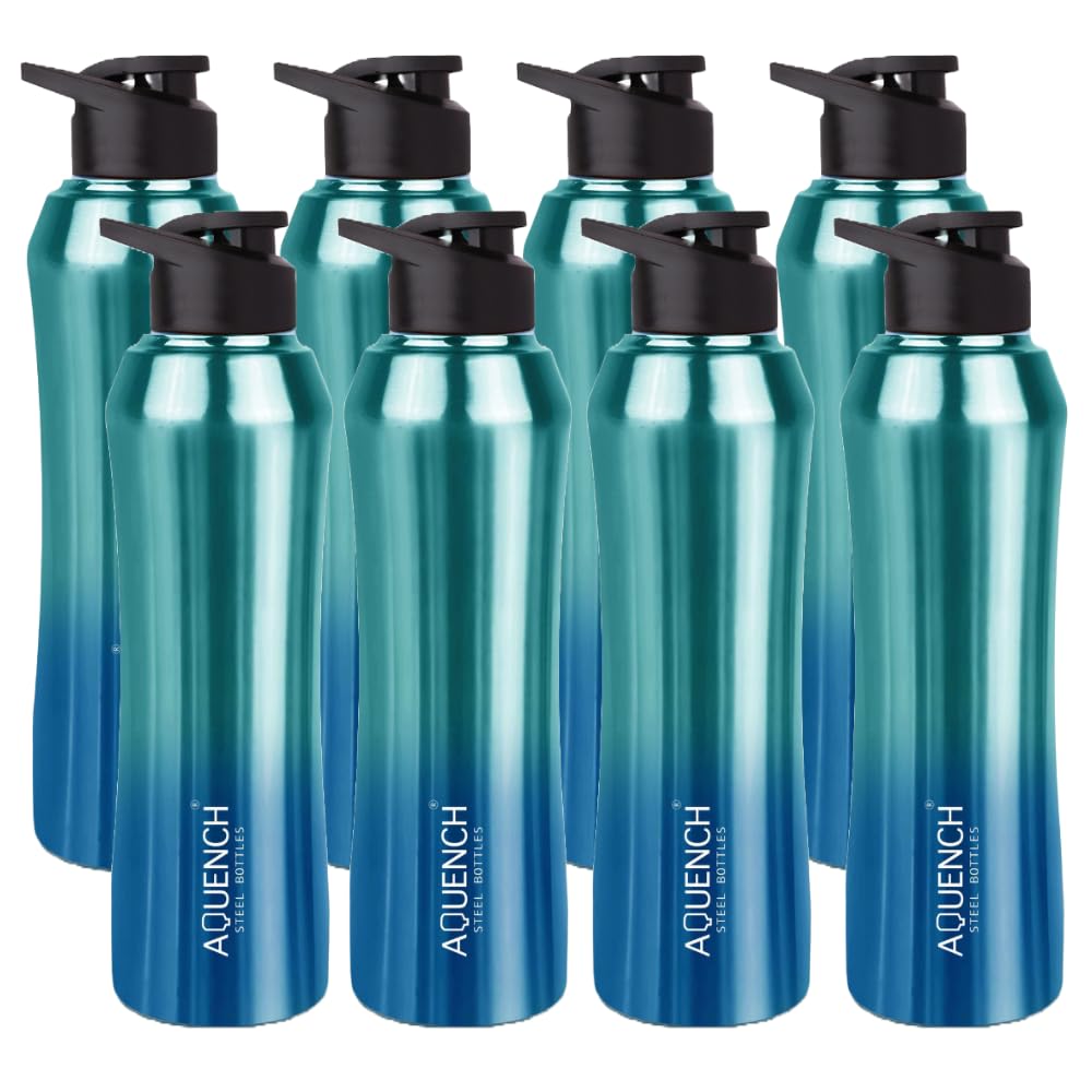 Aquench Stainless Steel Water Bottle, 1 Litre Capacity, Turquoise Gradient, Leak-Proof Sipper Cap (Pack Of 8, Turquoise)
