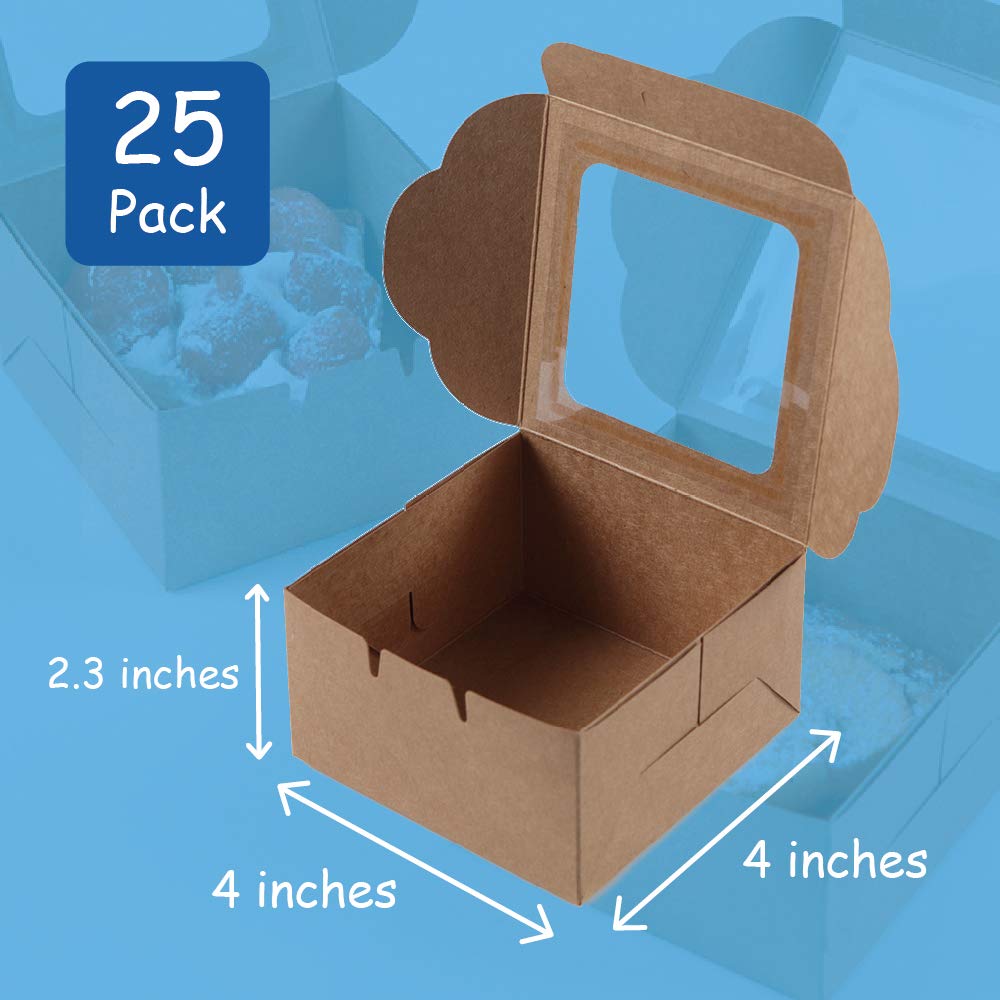 Bubbley Kraft Paper Bakery Boxes - 25-Pack Single Pastry Box 4-Inch, Packaging With Clear Display Window, Donut, Mini Cake, Pie