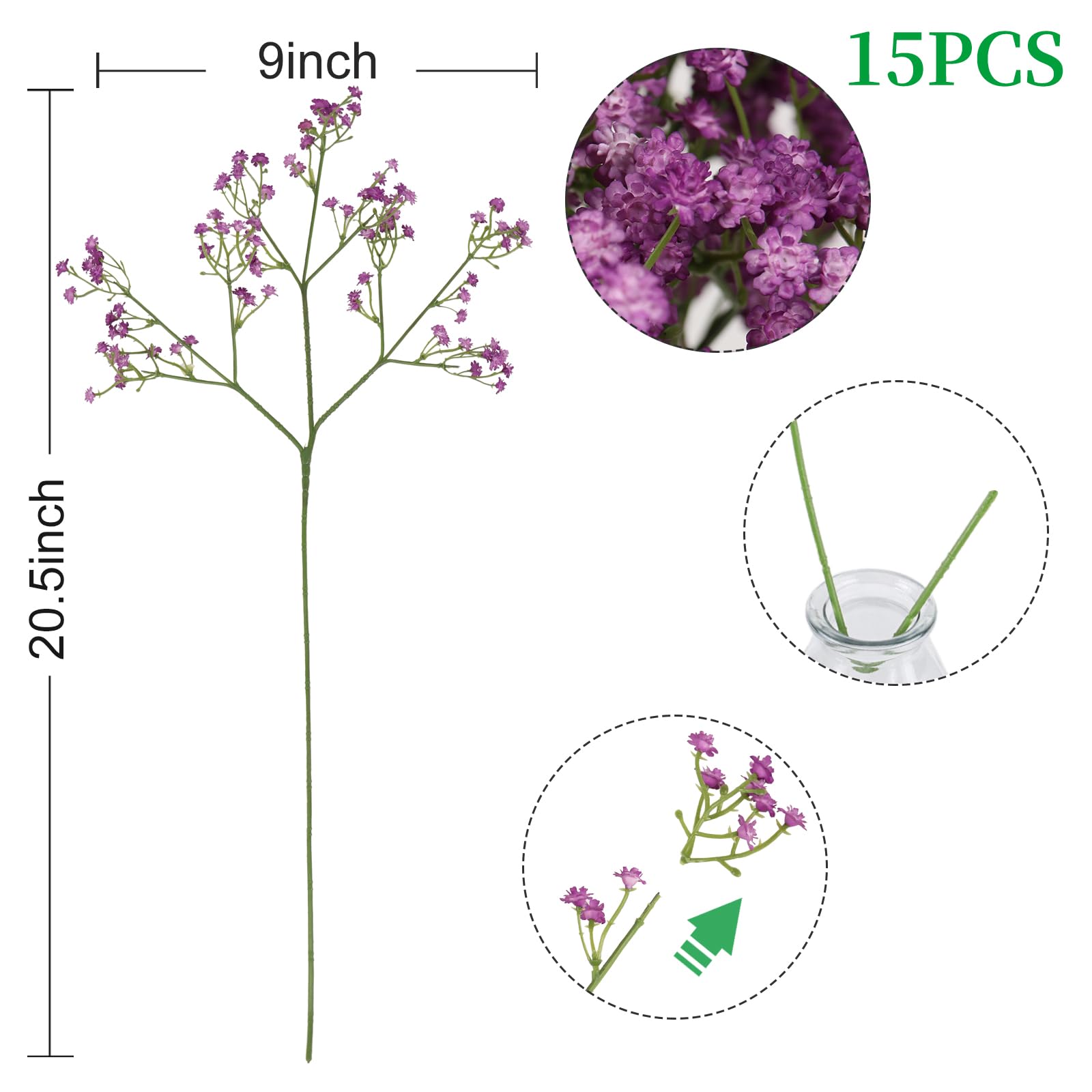 DEEMEI Artificial Baby Breath Flowers Purple Gypsophila Bouquets 15 pcs Real Touch Flowers for Wedding Party Home Decoration