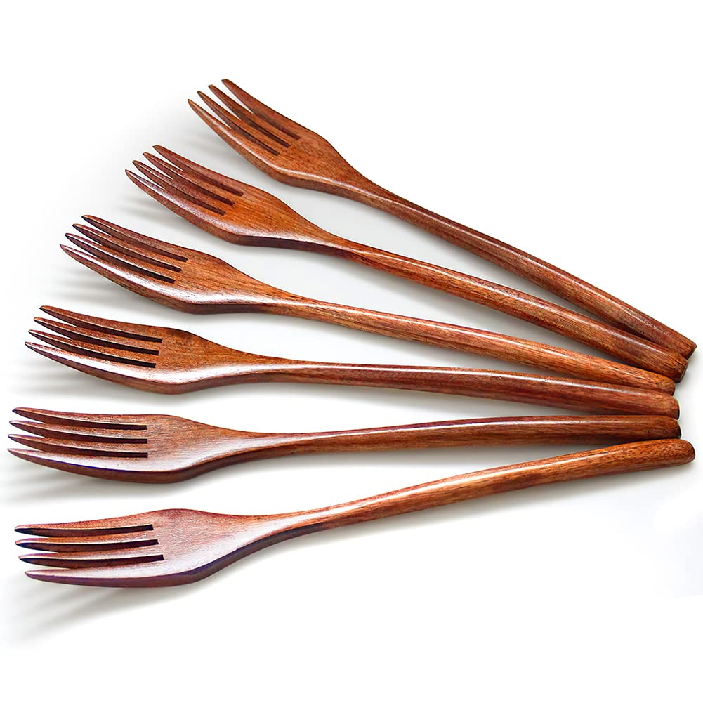 Forks,Wooden Forks, Aoosy 6 Pieces Eco-Friendly Japanese Wood Salad Dinner Forks Wooden Forks Set Reusable Handmade Natural Wood