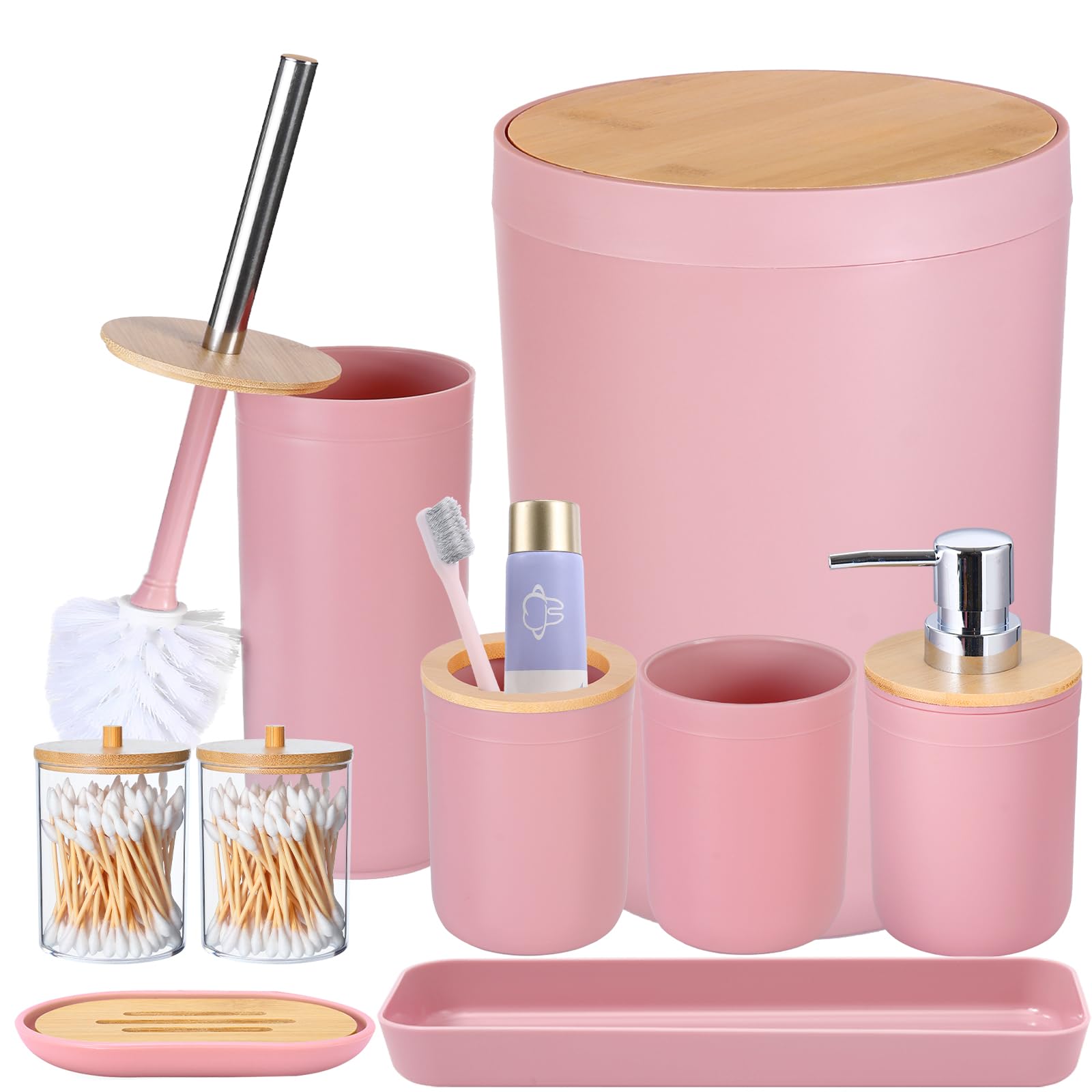 Imucci 9Pcs Pink Bathroom Accessories Set - With Trash Can,Toilet Brush,Toothbrush Holder, Lotion Soap Dispenser, Soap Dish,Toot