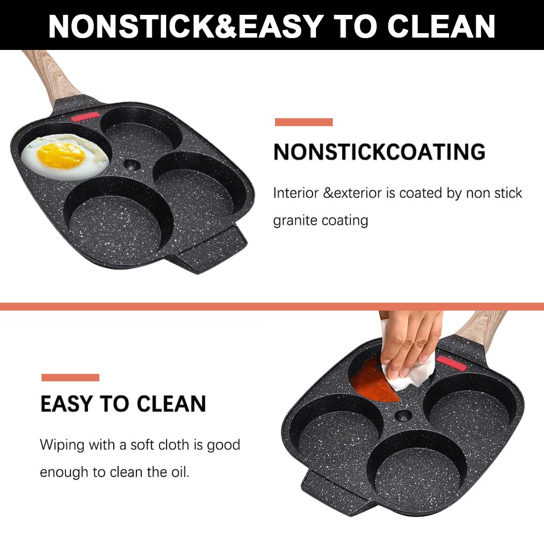 Bobikuke Egg Pan, Egg Frying Pan With Lid Nonstick 4 Cups Pancake Pan Fried Egg Pan For Breakfast - Black