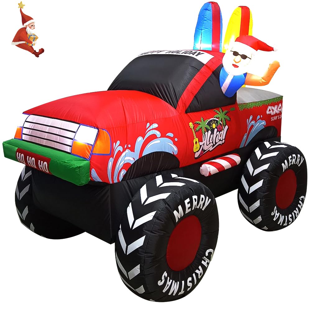 7FT Long Monster Truck by Santa Christmas Inflatables Outdoor Decorations, Xmas Blow up Haiwaii Santa Driving Monster Trucks, In