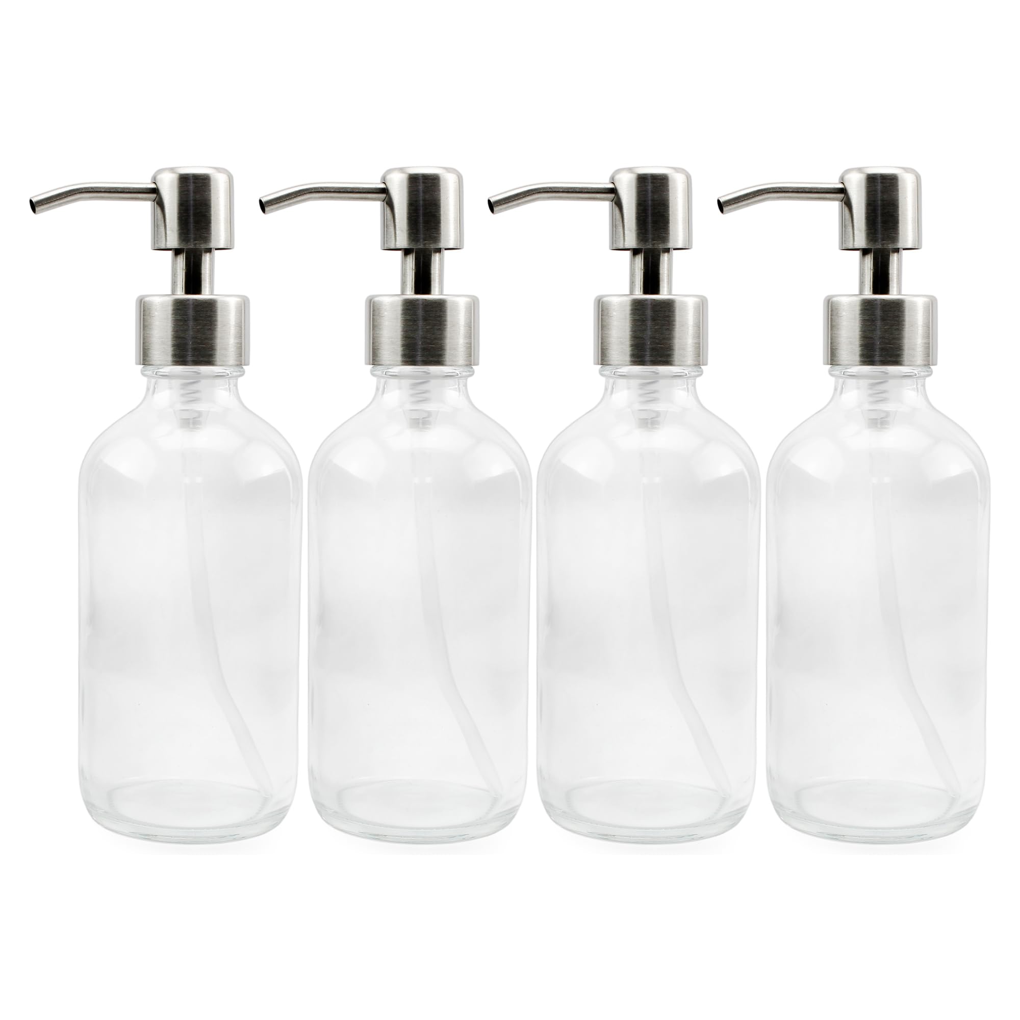 Cornucopia Brands 8-Ounce Clear Glass Boston Round Bottles W/Stainless Steel Lotion Pumps (4-Pack); Empty Refillable Liquid Soap