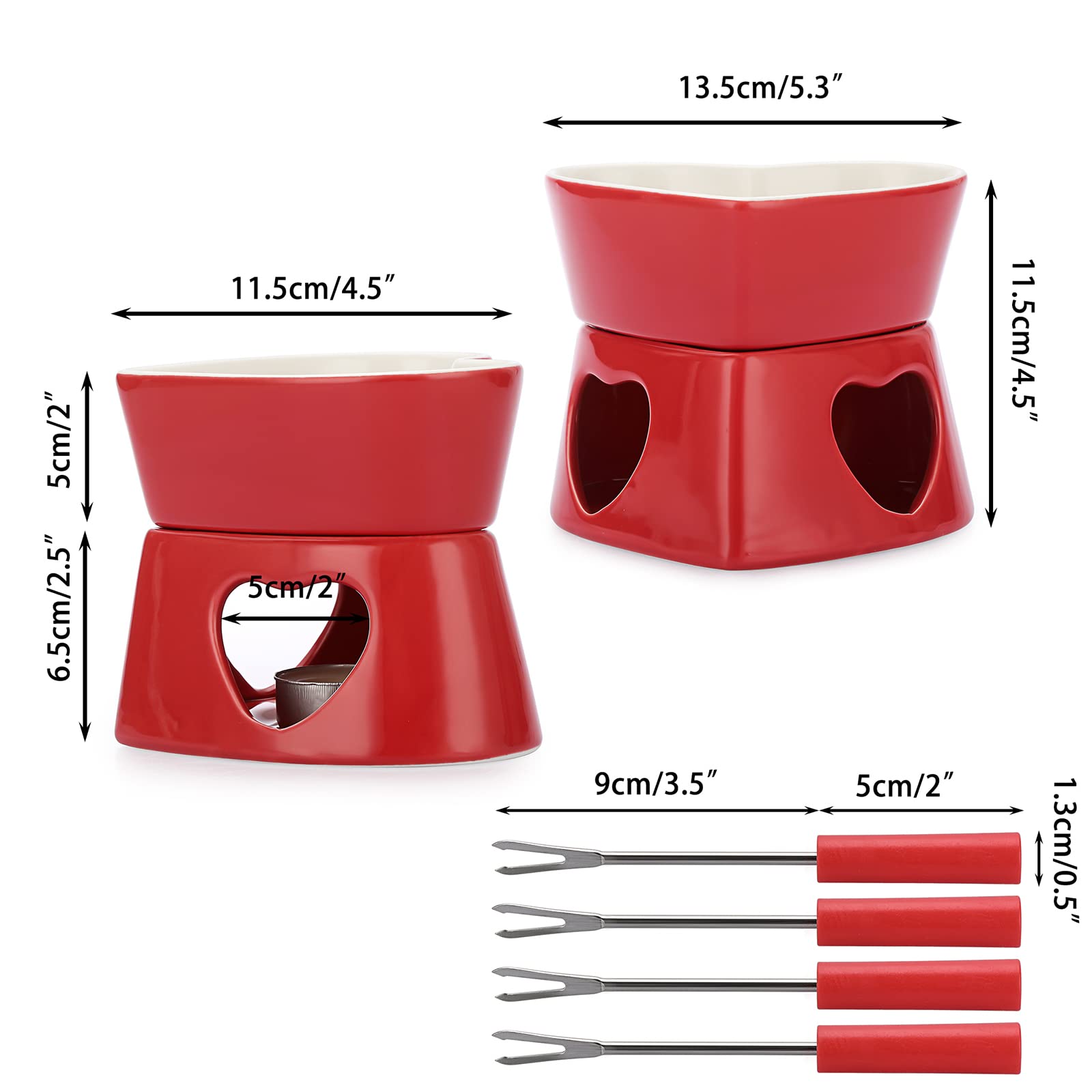 Bstkey Red Ceramic Butter Warmer Set, Heart Shaped Fondue Pot Melting Pot Set, Melt Hot Pot Bowl Set For Cheese Chocolate Butter