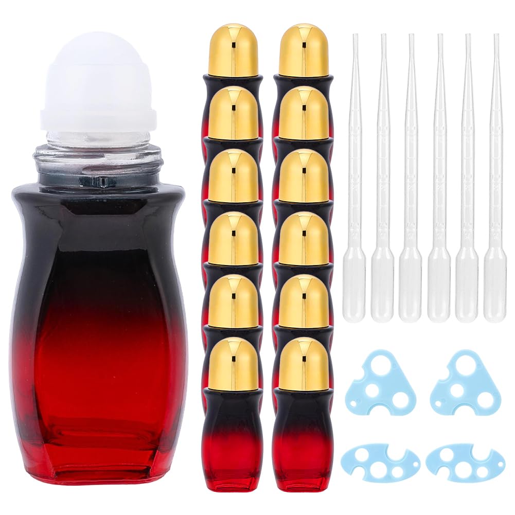 GOMAKERER 12 Pcs Gradient Red Roll on Bottles, 50ml Empty Glass Roller Bottles with Gold Caps and Opener Refillable Perfume Roll