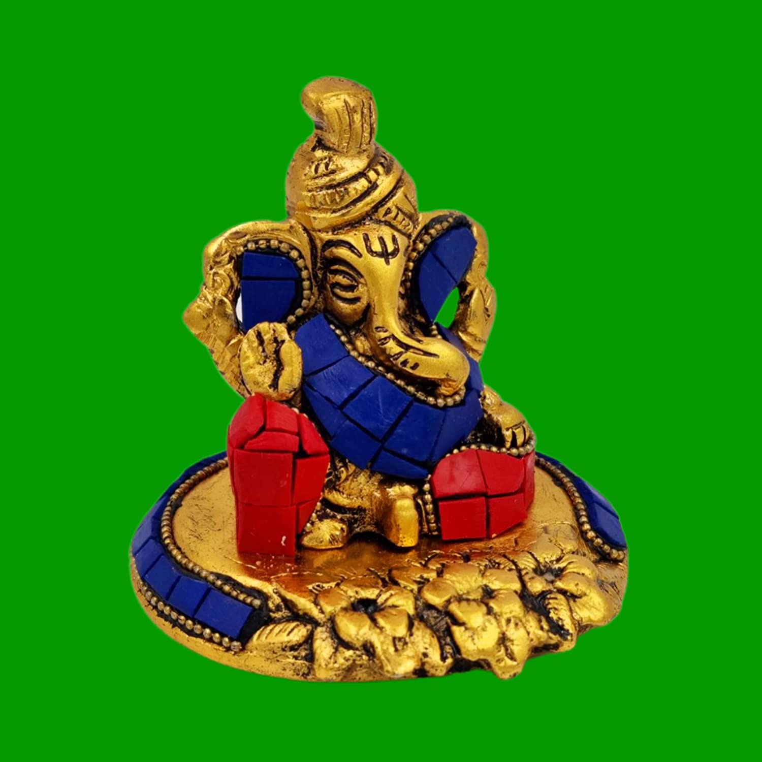 Rsn Metal Stone Ganesha Idol Ganesh Diwali Puja Murti Ganeshji For Car Dashboard Puja Ghar Size (3.5 Inch) - Gold
