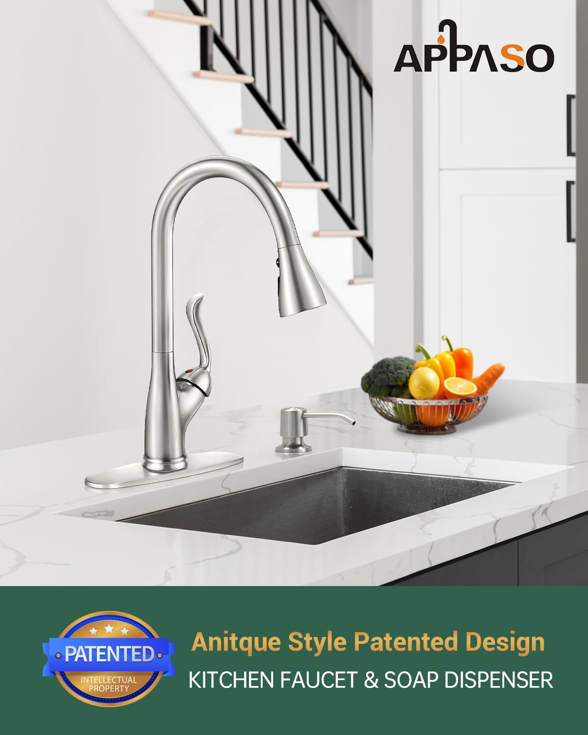APPASO Kitchen Faucet with Pull Down Sprayer & Soap Dispenser - Brushed Nickel, Stainless Steel, Model AP-K149-BN, High Arc Design