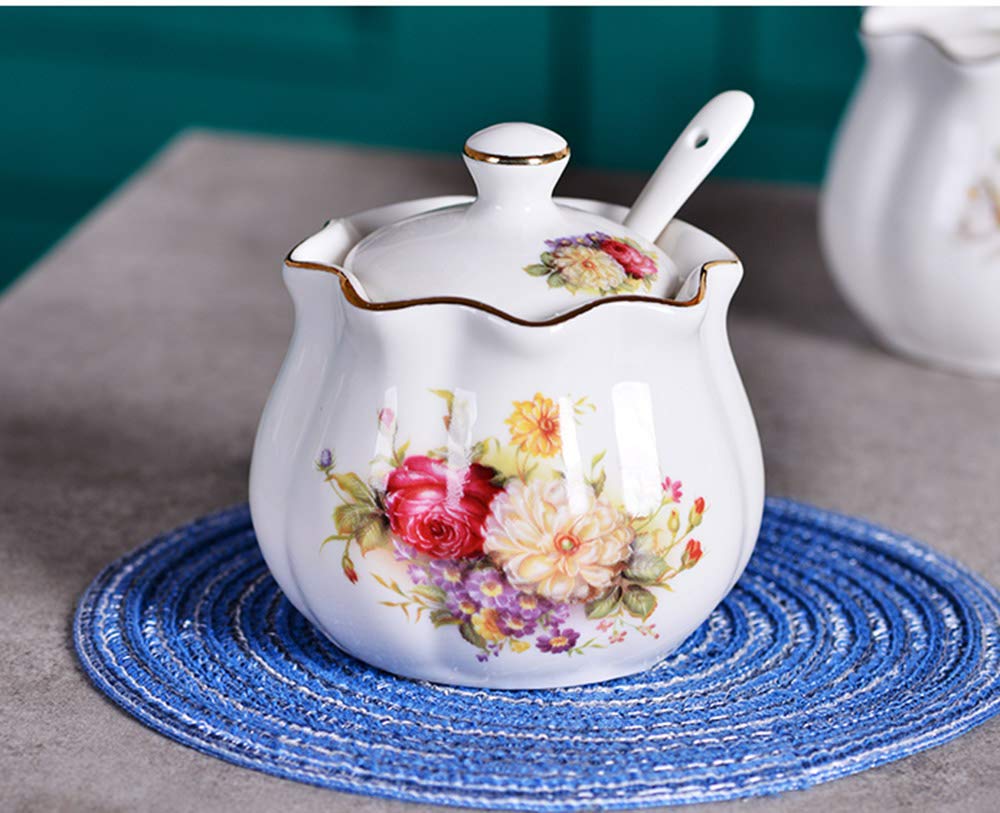 Mozacona Ceramics Retro Flower Sugar Bowl Spice Jar Storage Seasoning Pot With Lid Spoon