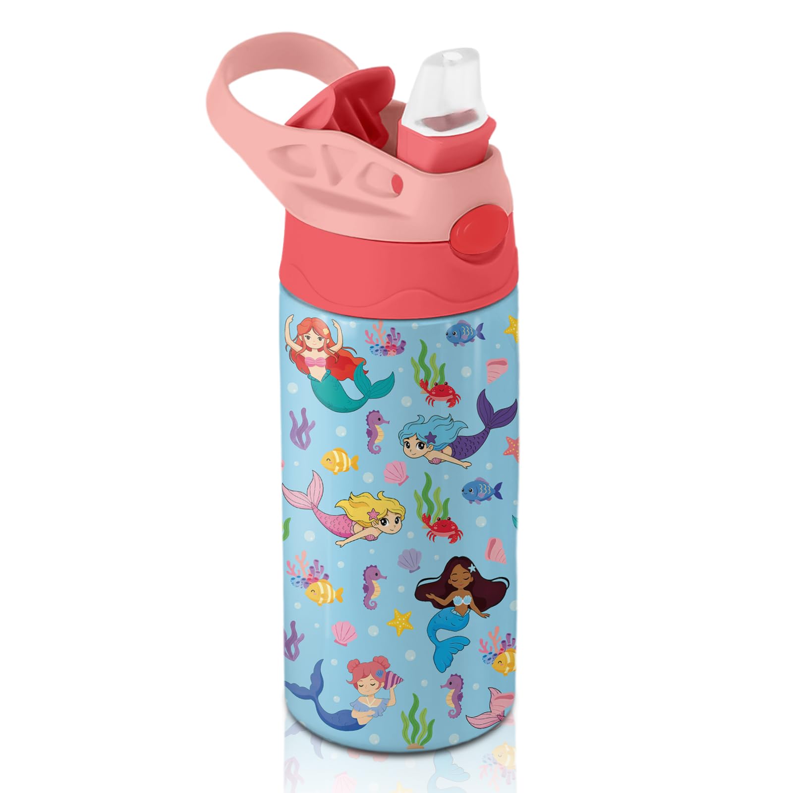 Mermaid Gifts for Girls - 12oz Mermaid Kids Water Bottle with Straw, Ocean Stainless Steel Water Bottle, Insulated, Leak-proof, 