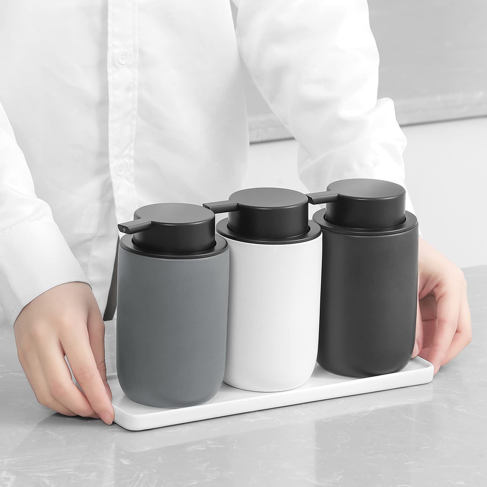 Hand Soap Dispenser for Bathroom Decro  Matte Grey Ceramic Liquid Pump Bottles Refillable Dish Dispenser for Kitchen Farmhouse Colleage Dorm  2 Pack