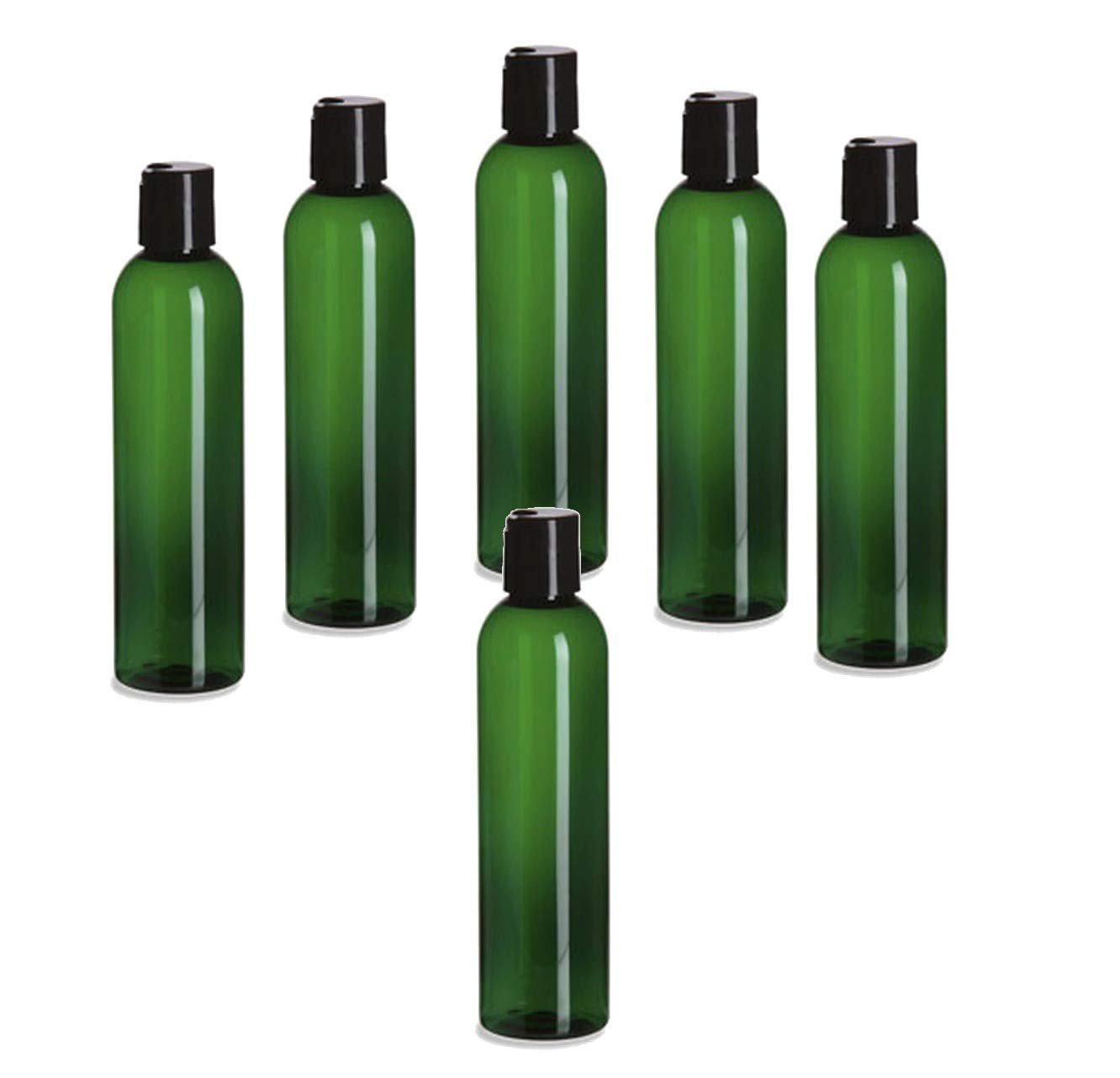Natural Farms 6 Pack  8 oz Green Cosmo Plastic Bottles  Black Flip Top Disc Cap  for Essential Oils, Perfumes