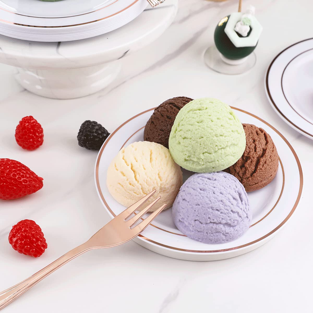 Wellife 240 Pieces Rose Gold Plastic Dessert Plates With Disposable Forks, Includes 120 Pcs Appetizers Plates 6.5 Inch, 120 Pcs