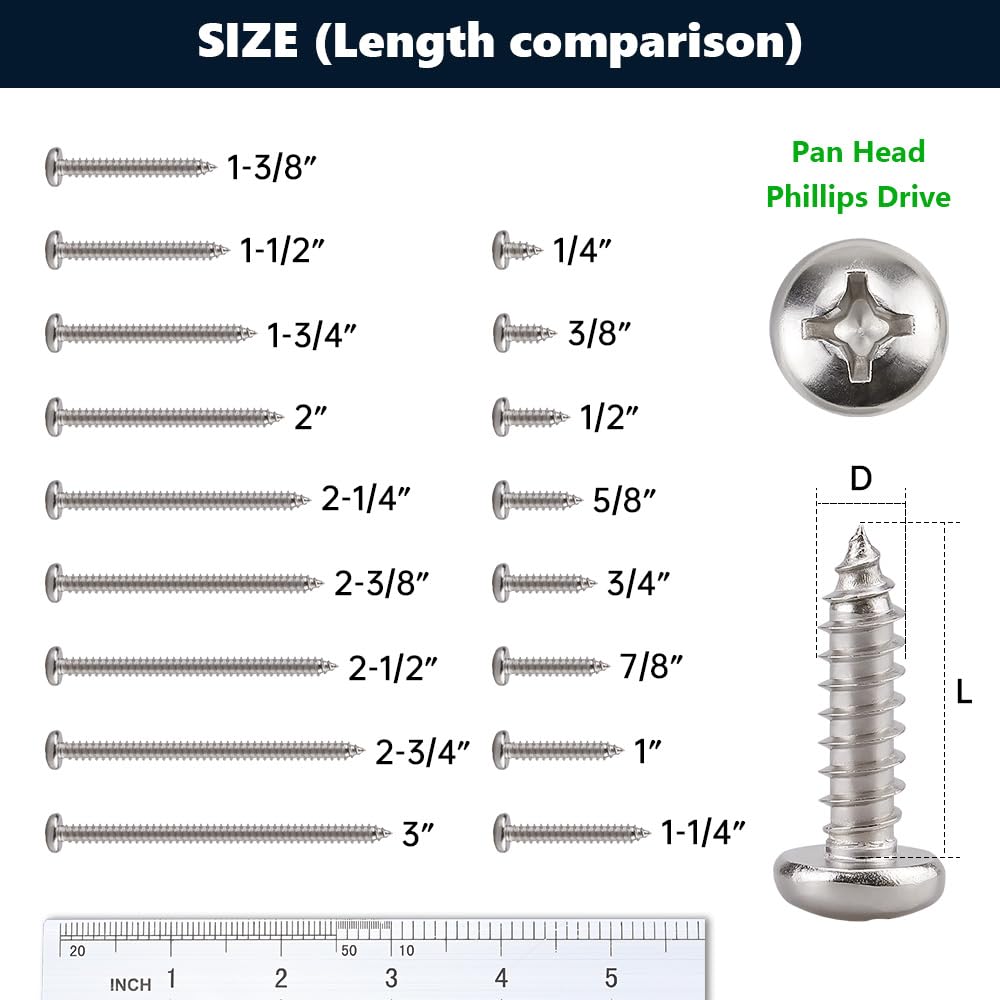 10 X 12 (100 Pack) Stainless Steel Phillips Pan Head Wood Screws, Stainless Steel 304 (18-8), Pan Head Sheet Metal Screws Self T