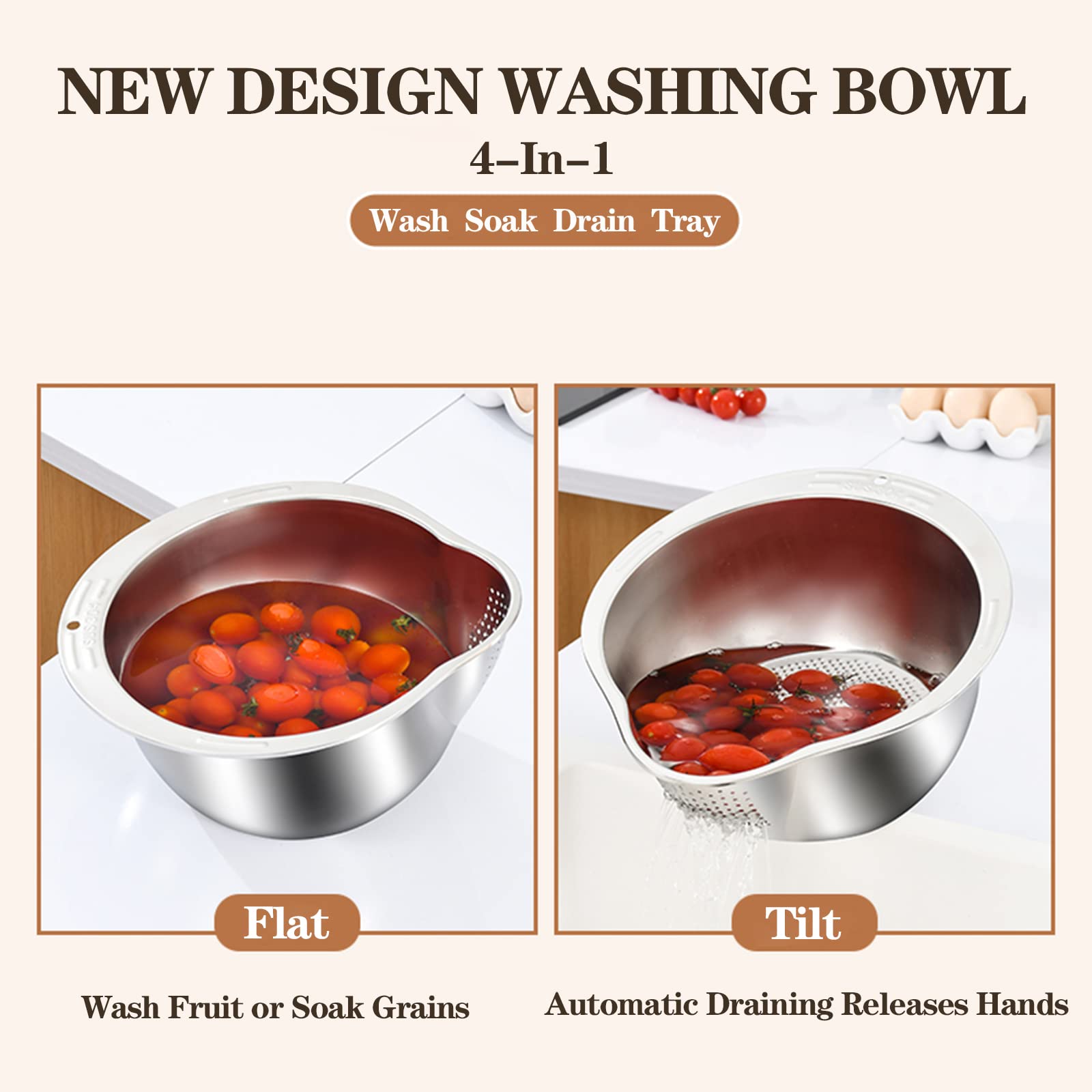 Rice Washer Strainer Bowl - 4-In-1 Washing Bowl For Quinoa, Stainless Steel Rinser With Side Drainers Small Colander For Cleanin