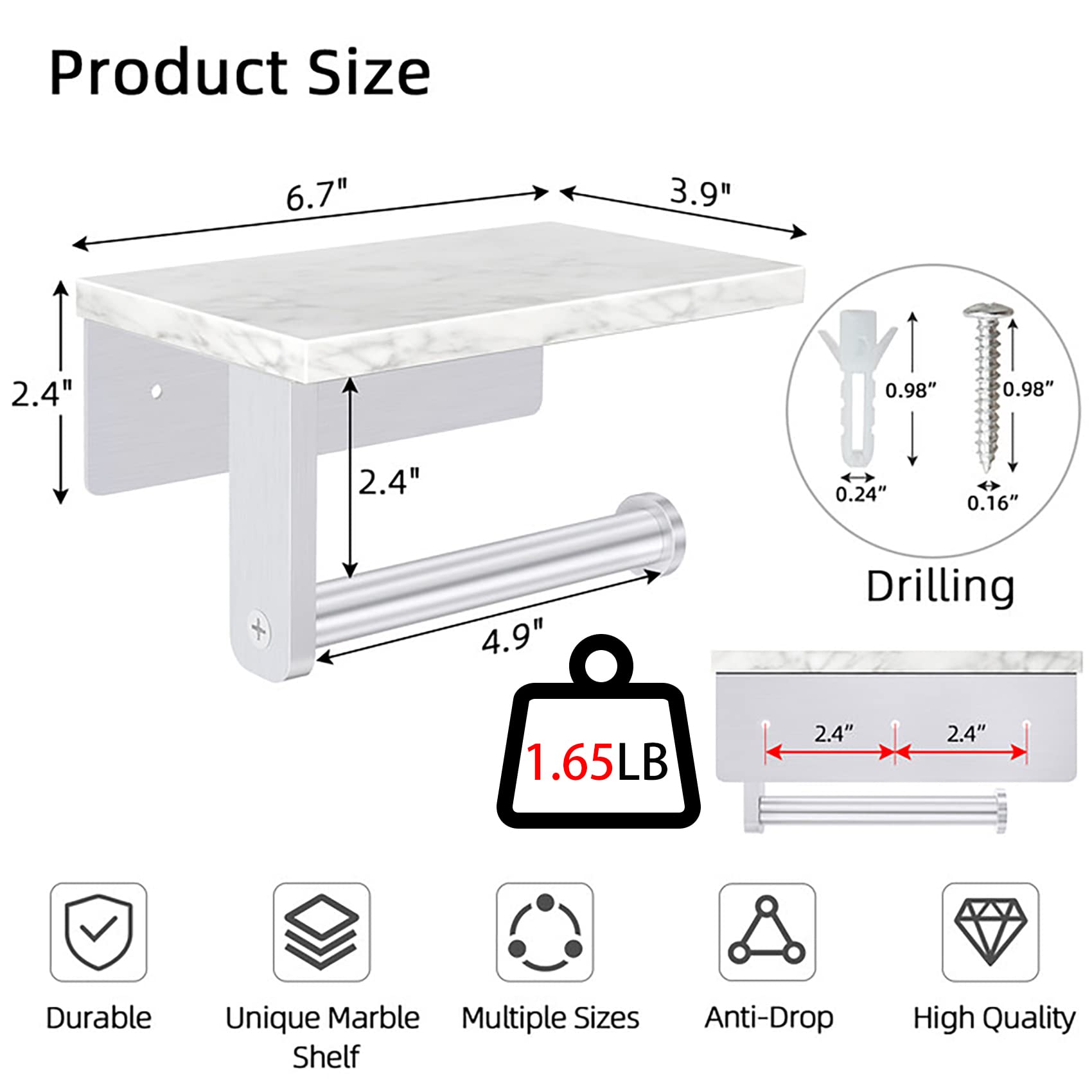 Gypie Brushed Nickel Toilet Paper Holder with Natural Marble Shelf  Screw Wall Mounted  Tissue Roll Holder for Bathroom Washroom