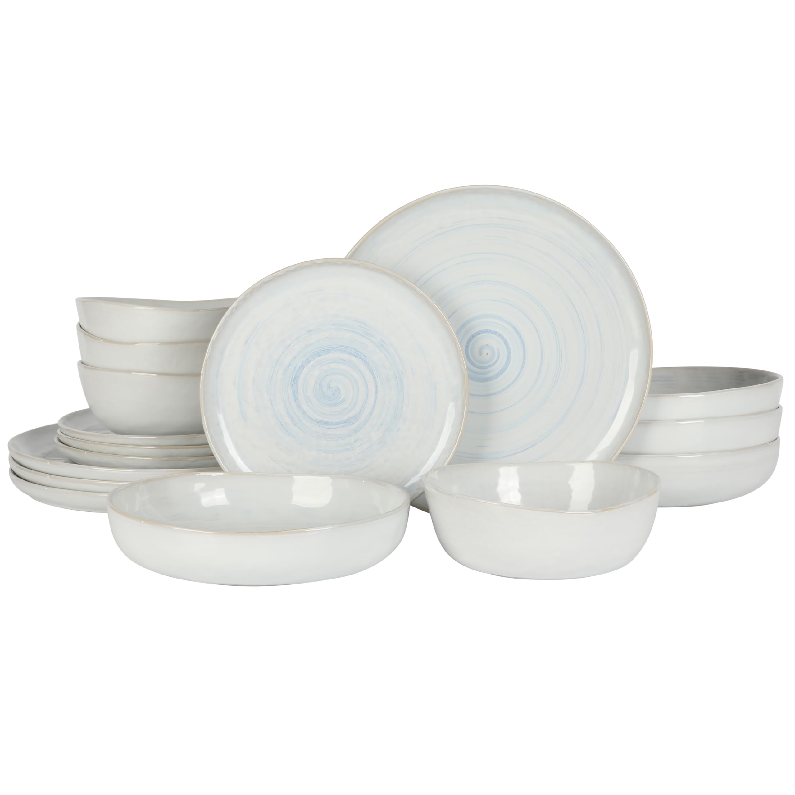 Gibson Elite Auckland Blue Swirl Stoneware Reactive Glaze 16 Piece (Service for 4) Plates and Bowls Dinnerware Set