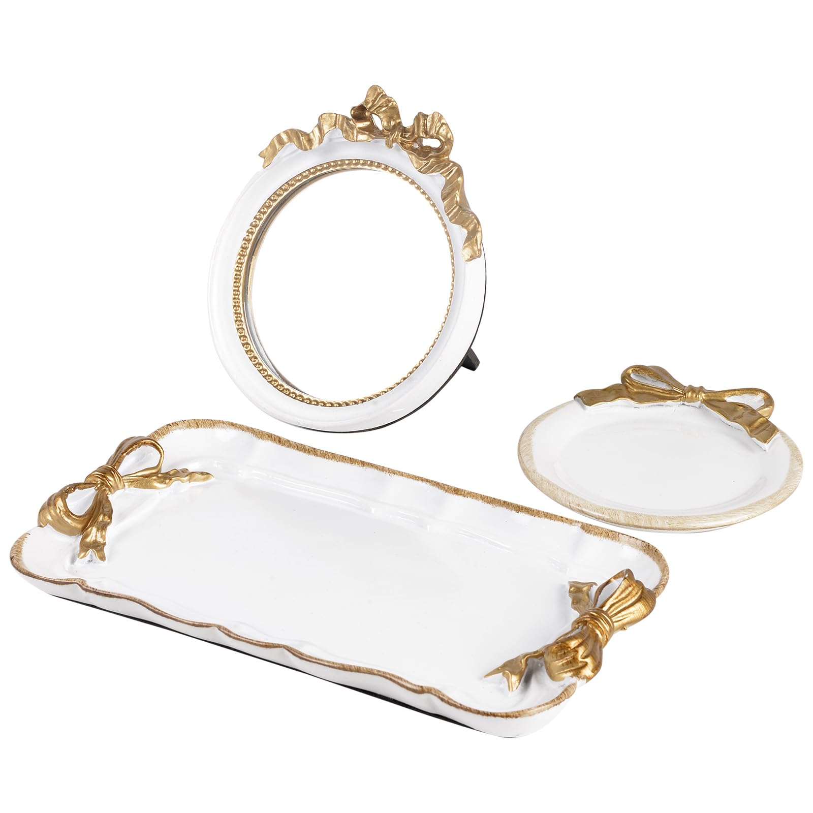 Perfume Vanity Tray Coquette Decor - 3 Pcs Decorative Perfume Tray Set, Jewelry Tray & Bow Makeup Mirror & Vanity Tray, Gold Per