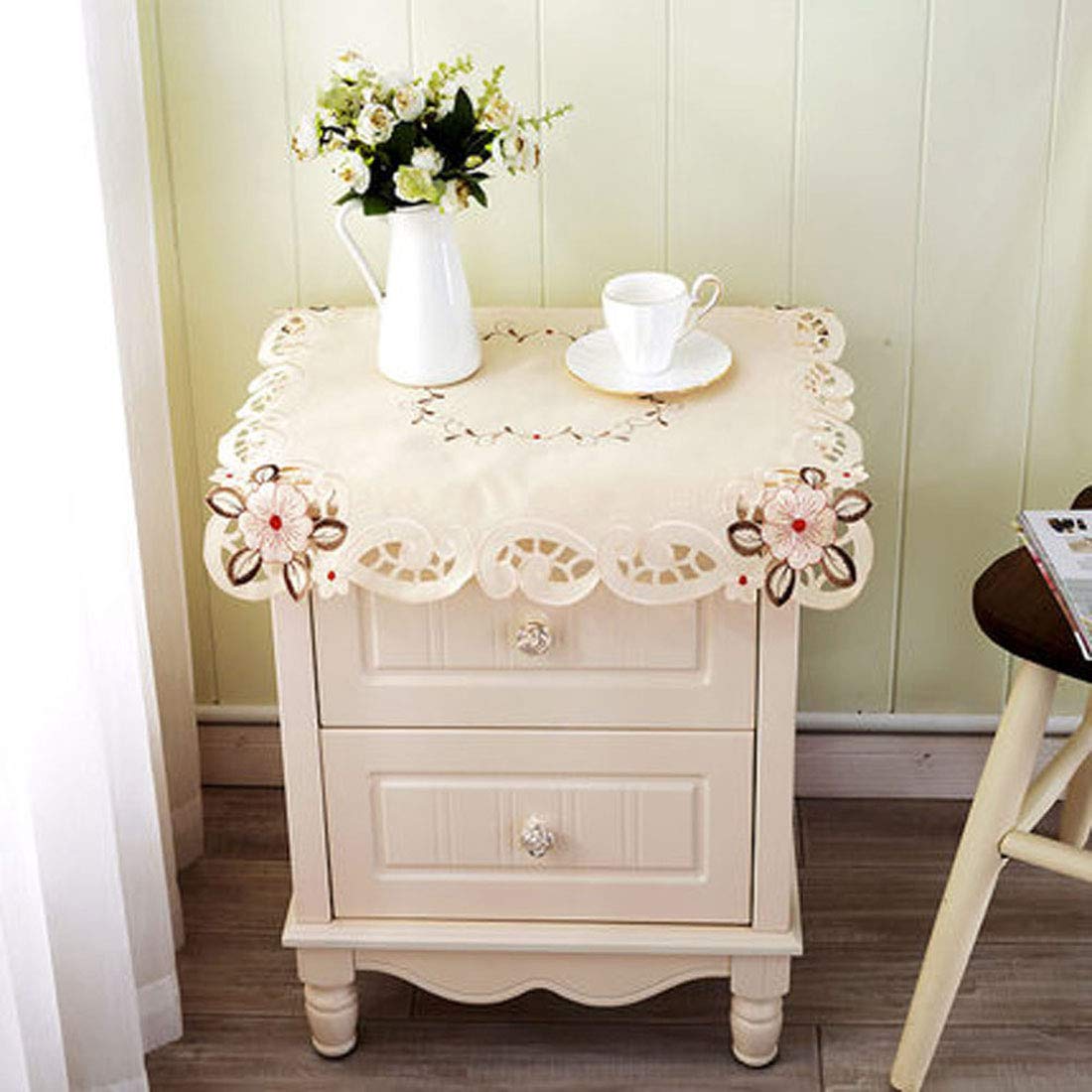 Lelehome 33 Inch X 33 Inch Flower Embroidered Lace Beige Square Tablecloth, Vintage Classic Floral Dining Table Cloth Wrinkle Fr