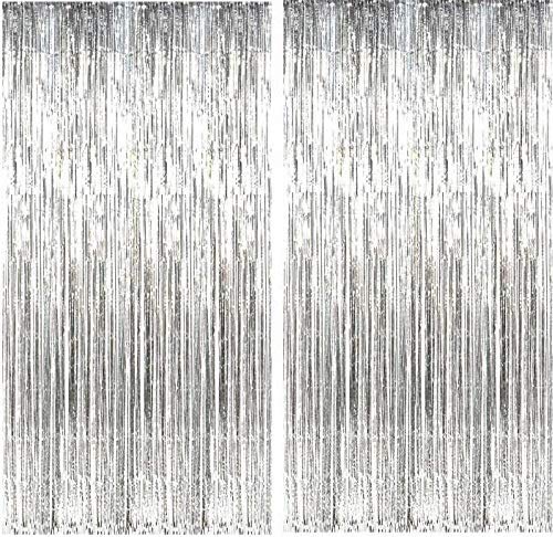 Silver Foil Curtain Pack of 2 for Birthday, Wedding,Anniversary, Graduation, Retirement, Baby Shower and Photo Booth Props Decor