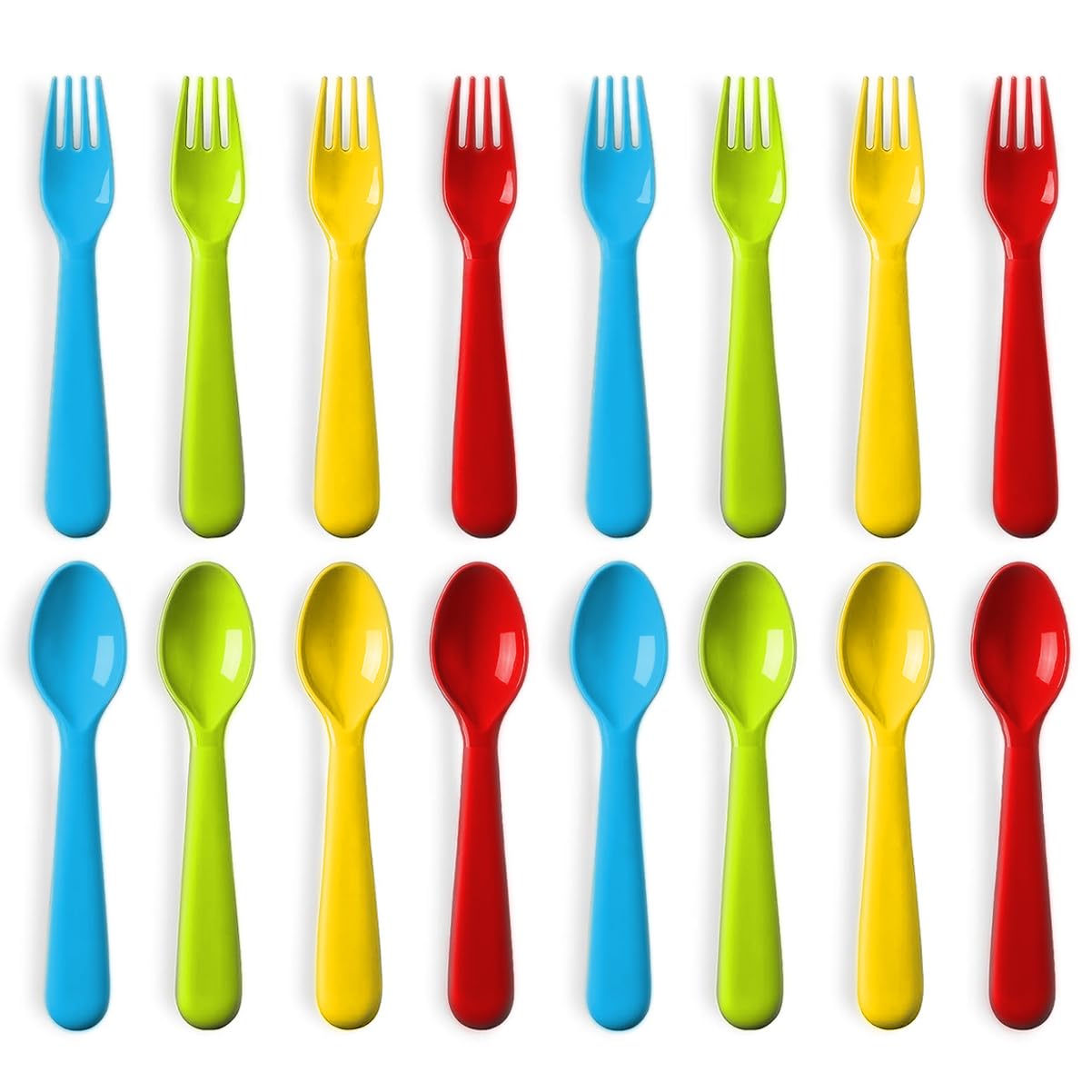 Plaskidy 16 Pc Plastic Toddler Utensils Set - 8 Kids Forks & 8 Kids Spoons, BPA Free/Dishwasher Safe, Brightly Colored Silverwar