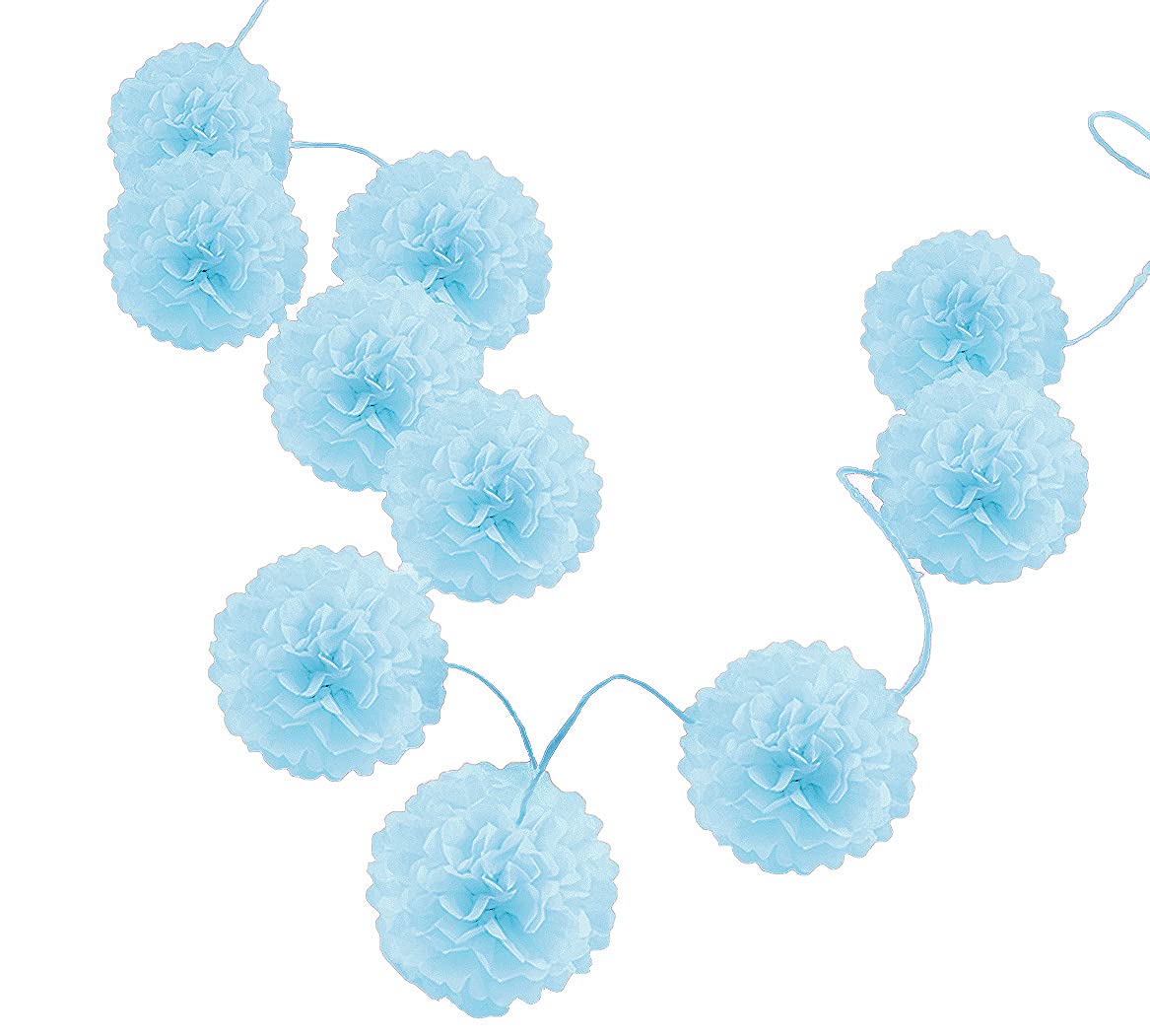 Pack Of 10 Tissue Paper Flower Ball Pom Pom Party Decoration Indoor Outdoor 6'' 8'' 10'' 12'' 14'' (Baby Blue, 14'')