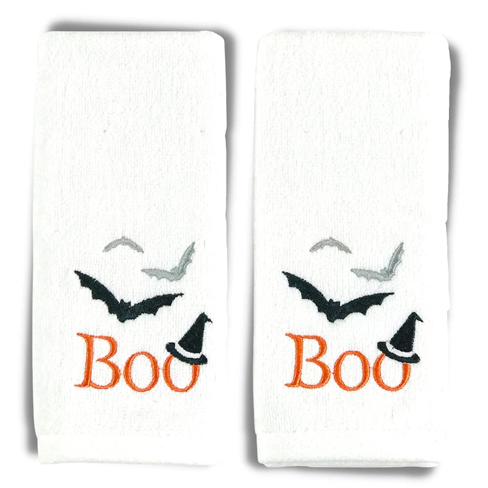 Serafina Home Decorative Halloween Fingertip Towels: Plush White Embroidered Cotton Spooky Boo Bat Design, 2 Piece Set, 11 x 18 