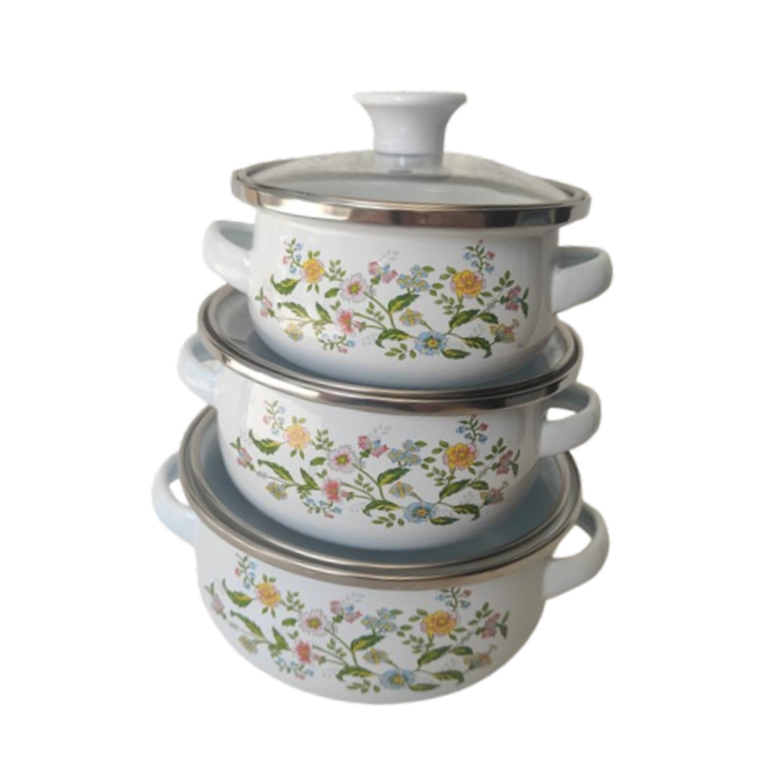 Trendivibe 3Pcs Enamel Stockpot With Lid Gifts Cooking Pots For Cooking Restaurant Home Flower