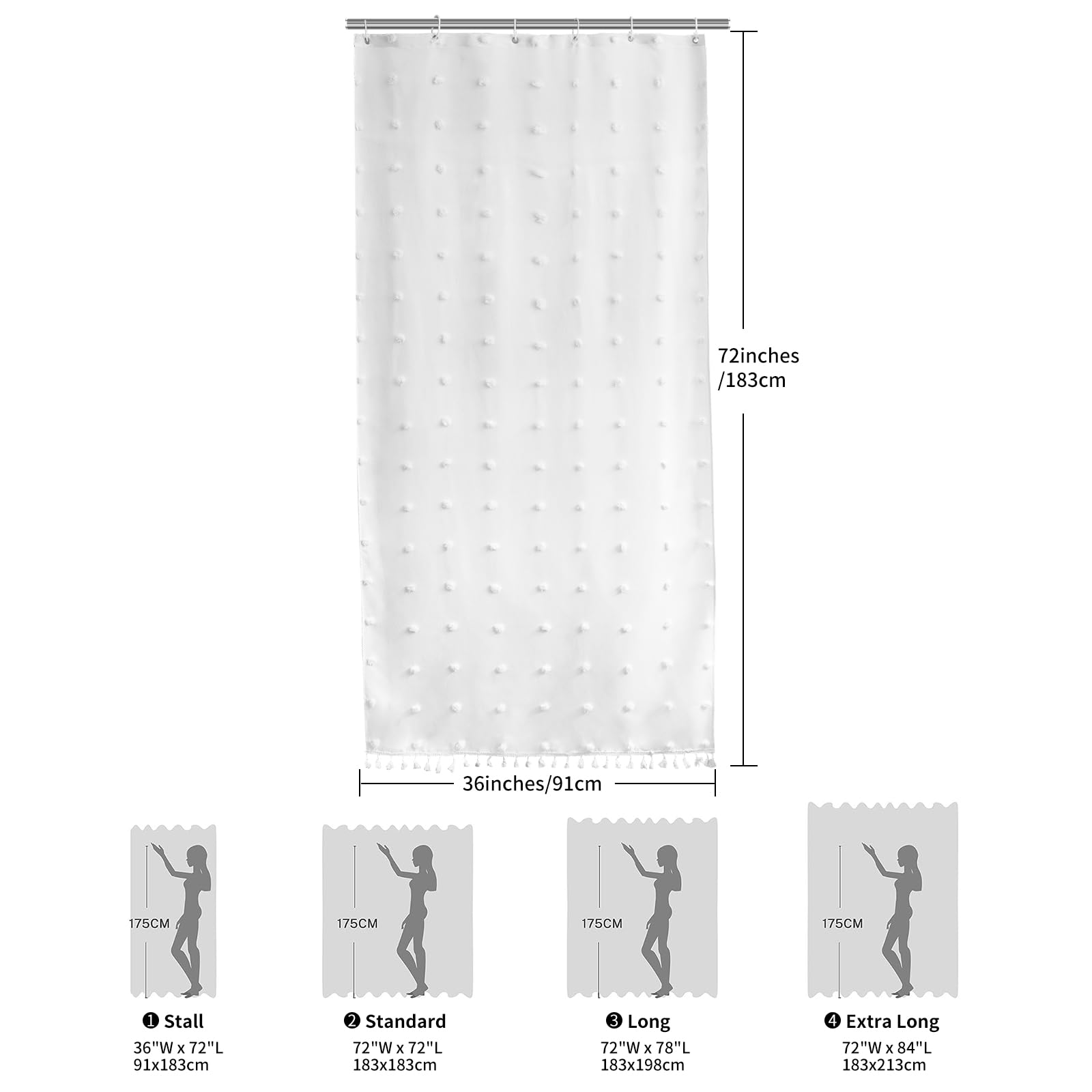 Lilycat Boho Farmhouse White Fabric Shower Curtain, 36X72 Tufted Pleat Floral Puffs Textured Tassel Cute Rustic Vintage Shower C