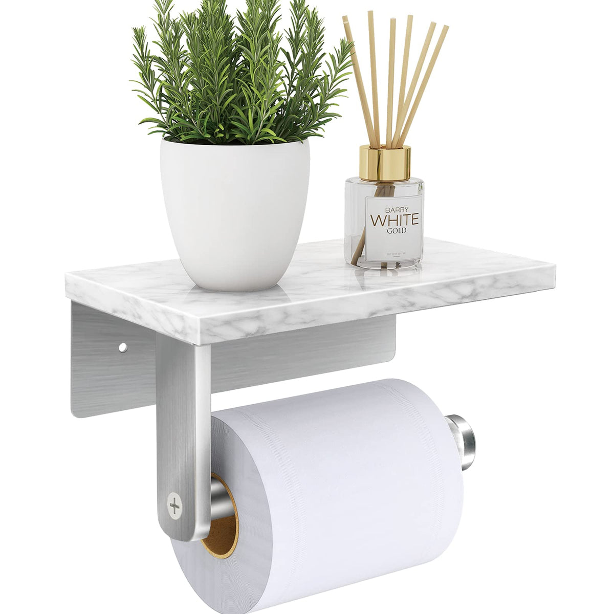 Gypie Brushed Nickel Toilet Paper Holder With Natural Marble Shelf, Screw Wall Mounted, Tissue Roll Holder For Bathroom Washroom