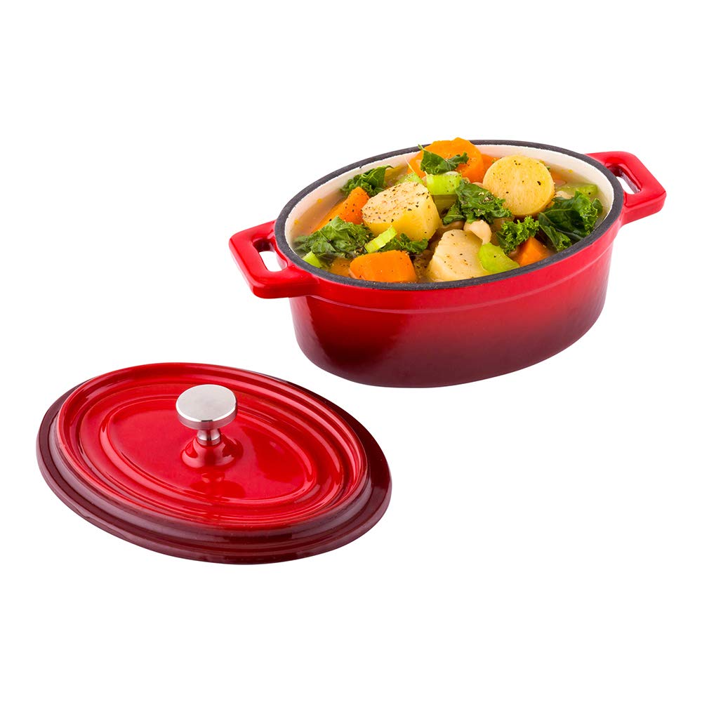 Restaurantware 9 Ounce Mini Casserole Dish 1 Mini Dutch Oven With Lid - Enameled Oval Red Cast Iron Mini Cocotte Heavy-Duty For