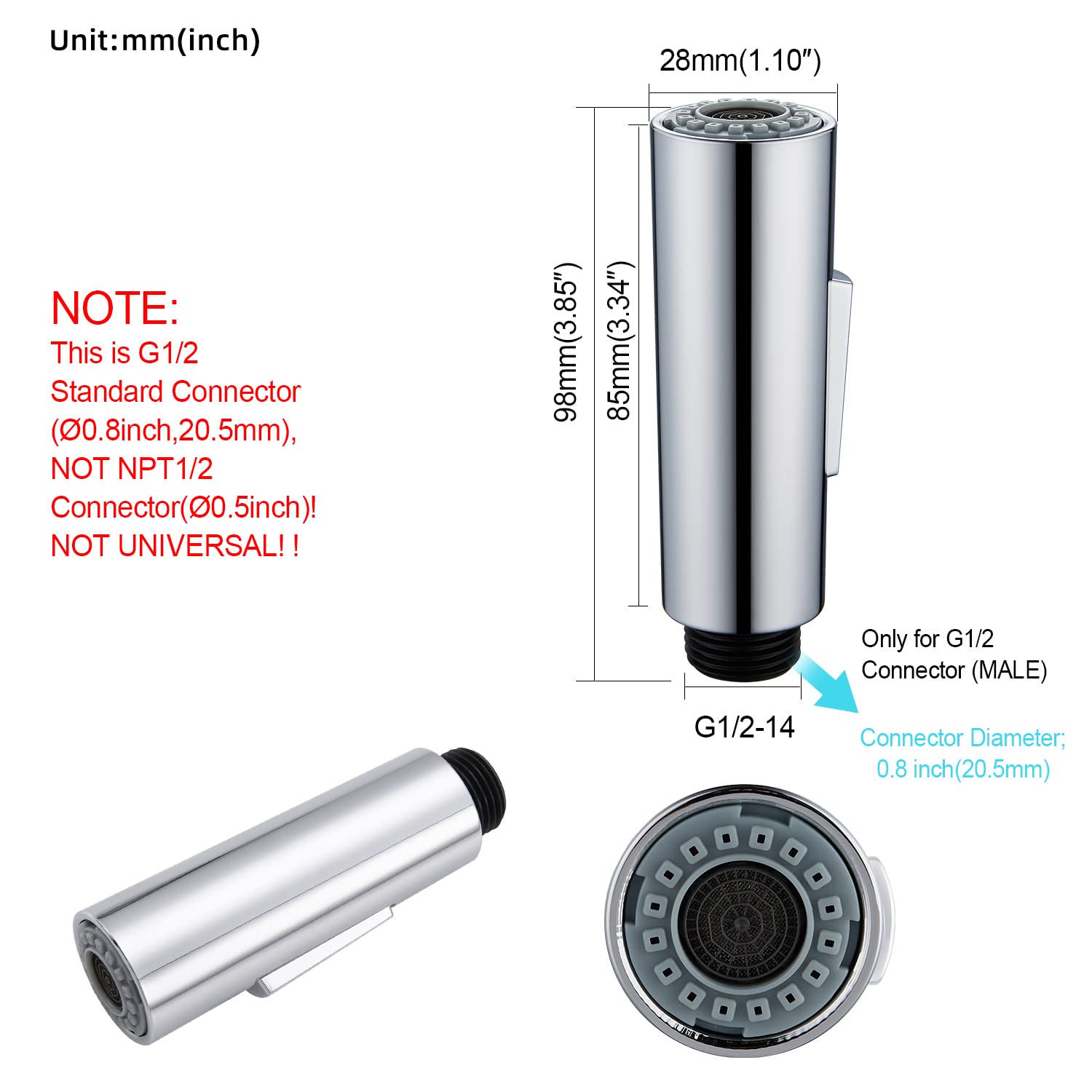 GORDEE Kitchen Faucet Sprayer Head  Pull Down Sprayer Column Shape 2-Function Switch Sink Faucet Replacement Head  1.8 GPM 0.8 inch Connector(MALE)  General US Standard  Polished Chrome