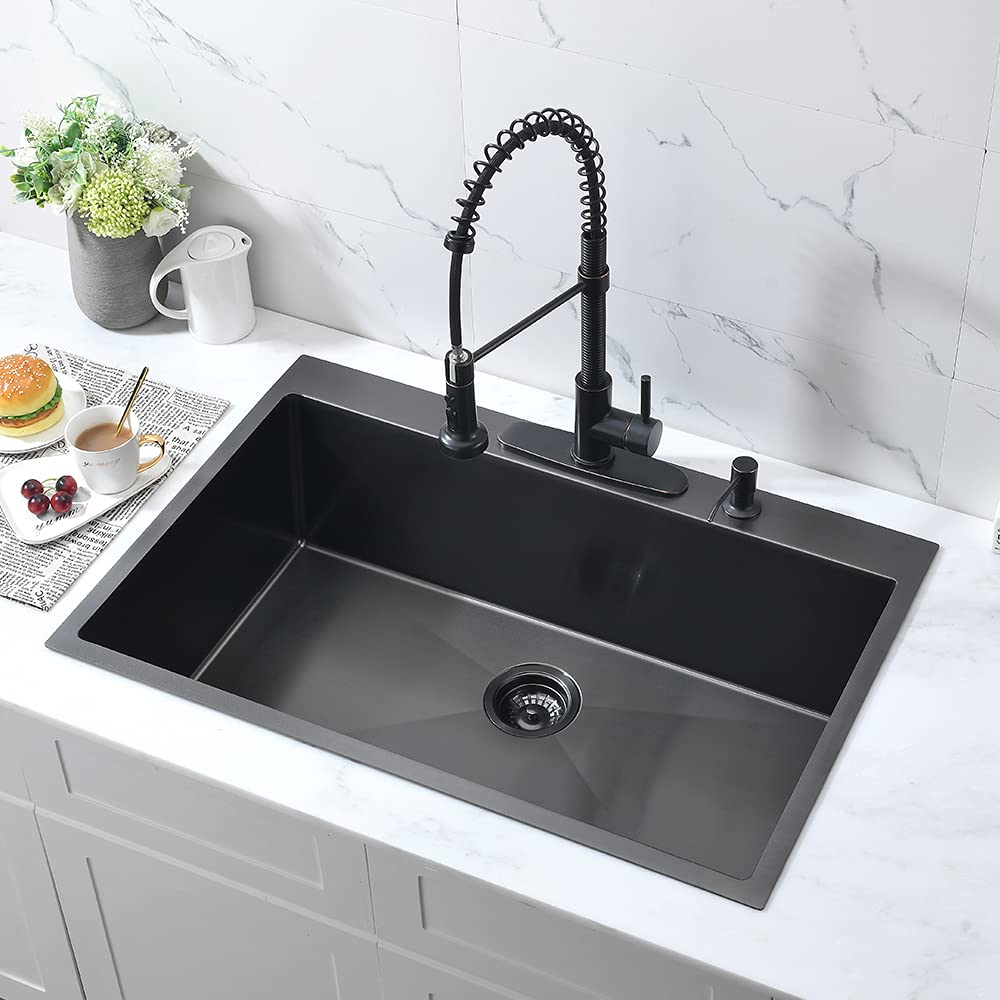 33 Inch Black Kitchen Sink Drop In-Bokaiya 33X22 Black Stainless Steel Drop In Kitchen Sink Topmount 16 Gauge Deep Matte Black S