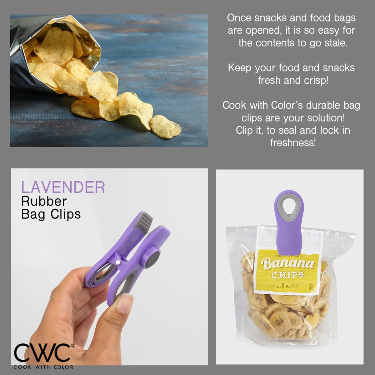 Cook With Color 5 Pc Chip Bag Clips- Kitchen Clips, Magnetic Chip Clips For Bags, Food Bag Clips With Airtight Seal (Lavender)