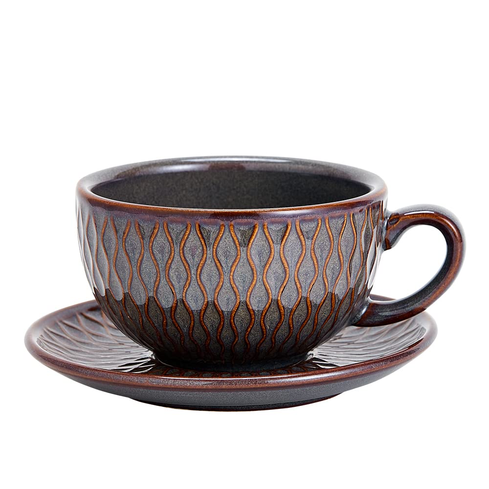 Coffeezone Vintage Design 12 oz Ceramic Latte Art Cappuccino Barista Cup with Saucer (Embossed Grey)