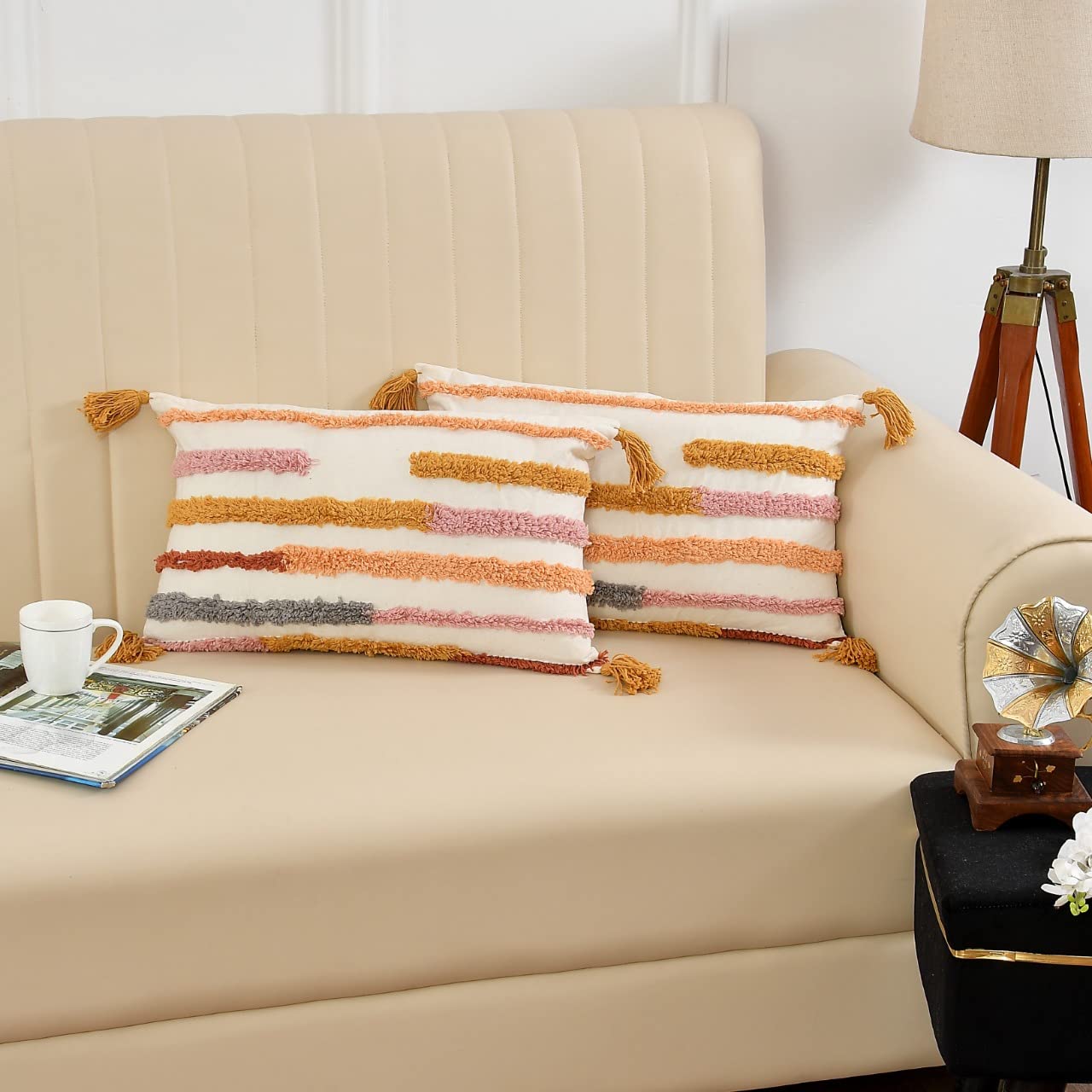 Wisdom Decor Solid Sofa Cushion Cover Cotton For Living Room Couch Soft Pillow Cover (12 X 20, Yellow Multi) 2 Piece, 200 Tc