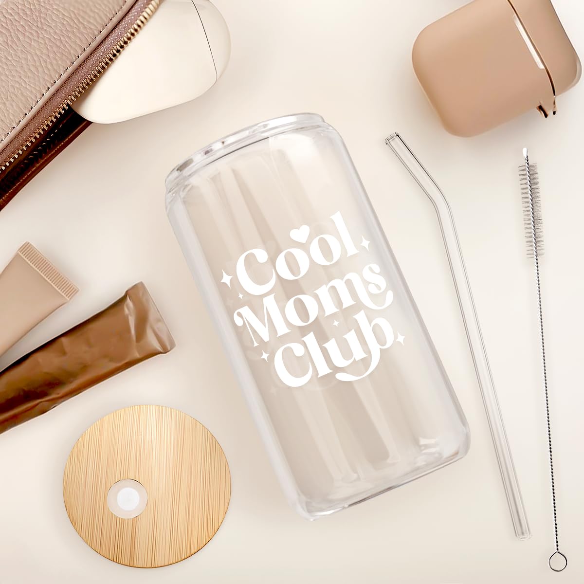 SANDJEST Mom Glass Can, Cool Mom Club Cup with Lid & Straw, Iced Coffee Aesthetic Cups, Idea Gift for Christmas Birthday Mother