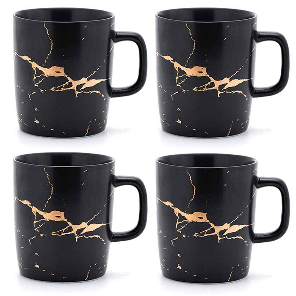 Coffeezone 12 Oz Matte Ceramic Marble Tea Coffee Mugs Luxury Gold Inlay (Black, 4 Mugs Gold Marble)
