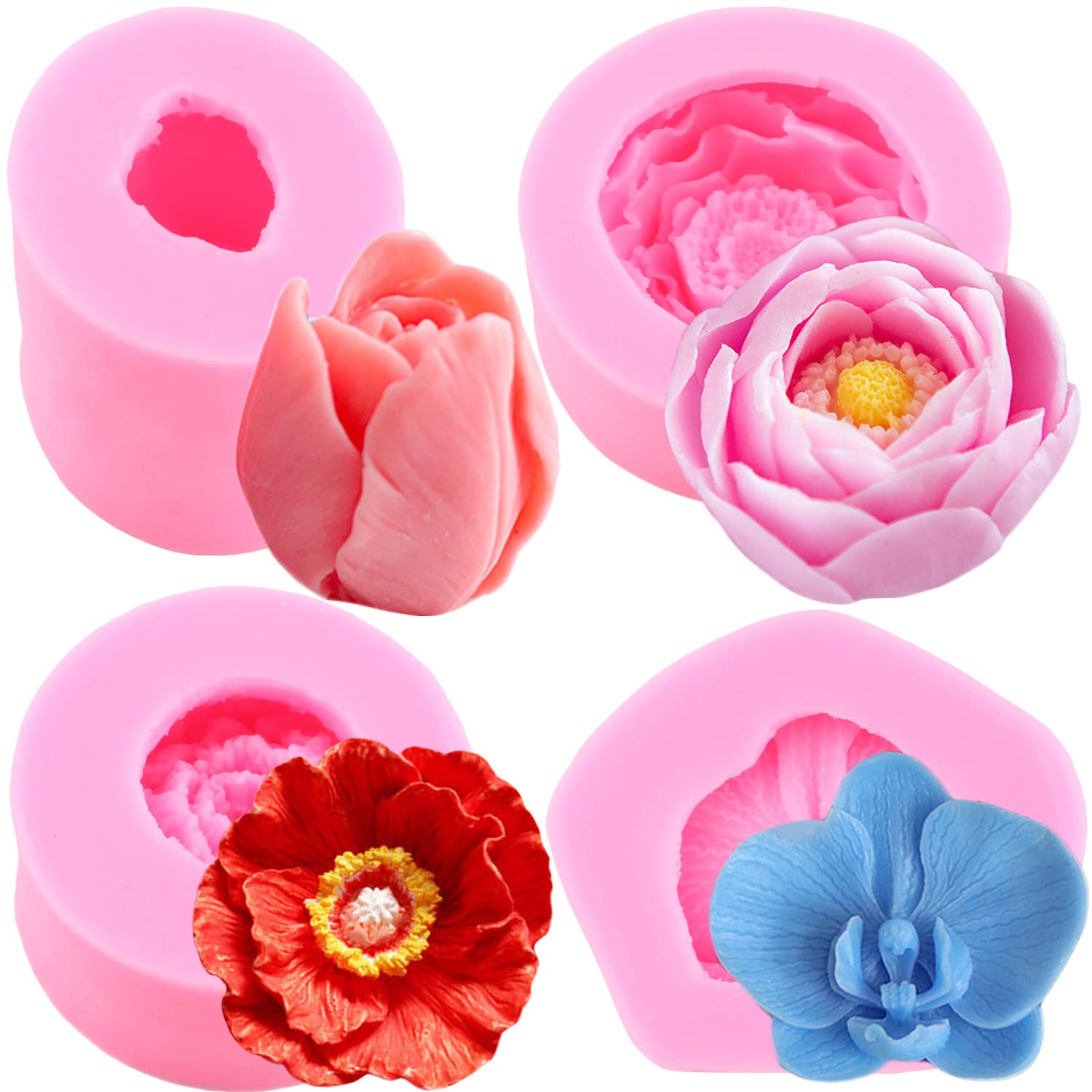 Miyahouse 3D Flower Silicone Molds Orchid Peony Tulip Poppy Flower Fondant Mold For Soap Making Chocolate Candy Polymer Clay Gum