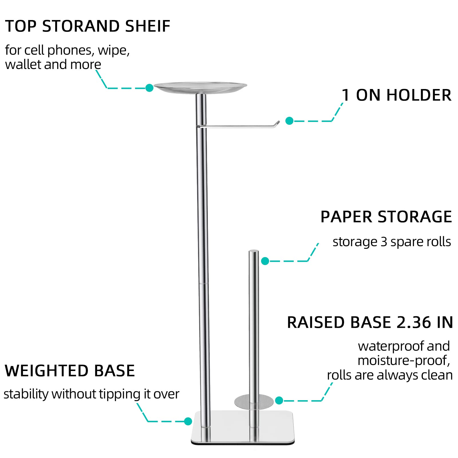 FEILERN Toilet Paper Holder Stand for Bathroom Floor Standing Toilet Roll Dispenser Storages 4 Reserve Rolls  with Top Storage Shelf for Cell Phones  Wipe  Wallet and More(Chrome)
