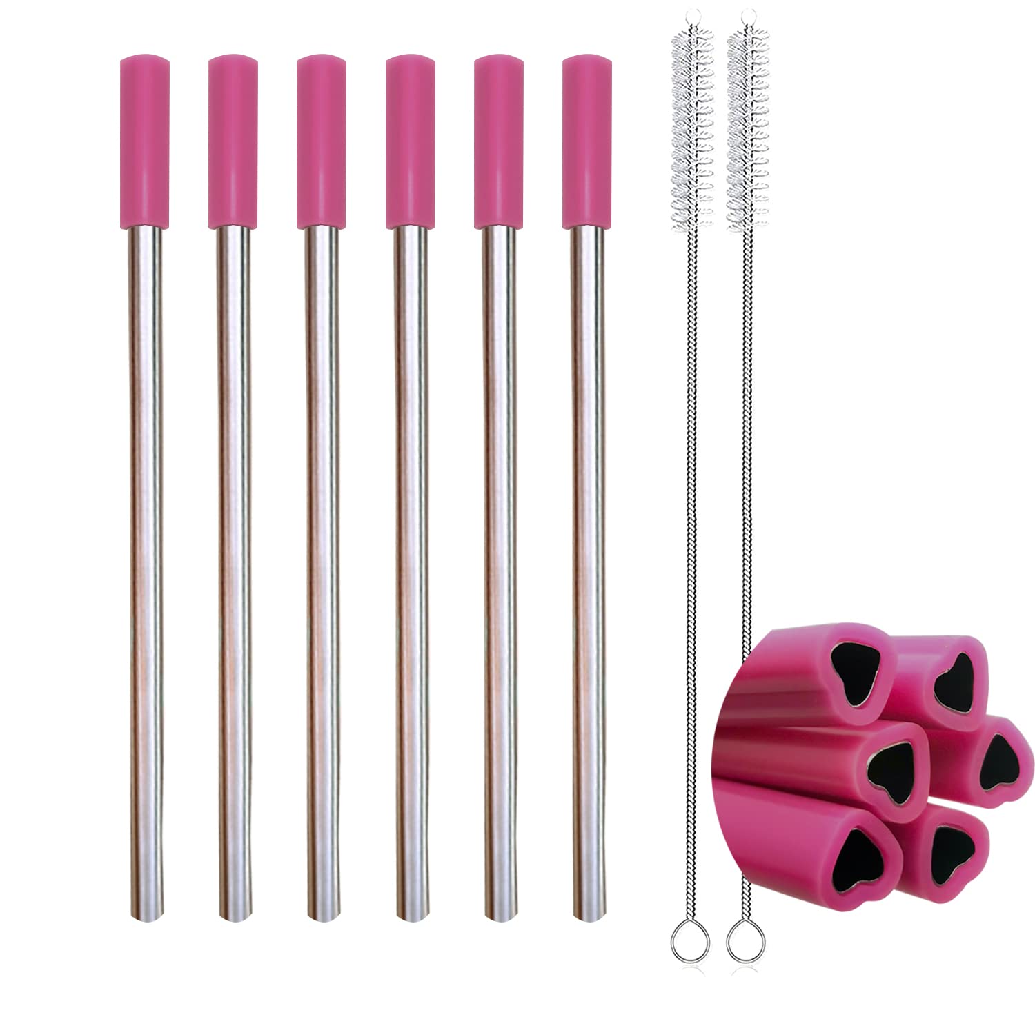 Amsthow Cute Metal Straws 6Pcs Heart Shaped Straws Reusable Stainless Steel Cute Flexible Portable Straw With Silicone Tip And C
