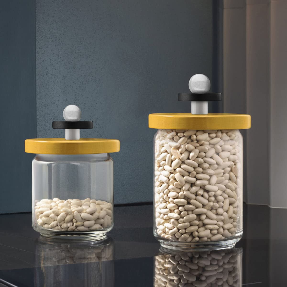 Alessi Hermetic Glass Jar with Beech Wood Lid, ES16/75 1, Yellow, Black, White