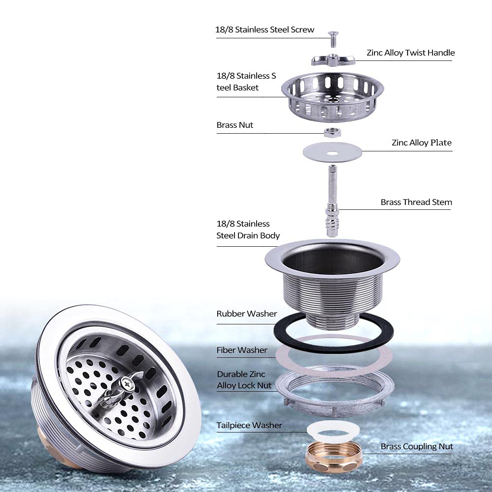 304 Stainless Steel Kitchen Sink Twist Lock Basket Drain Assembly W/Brass Nuts-VARNAHOME