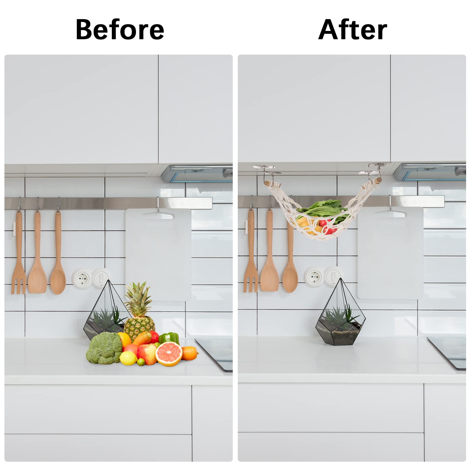 Fruit Basket Hammock Under Cabinet Adhesive, Woven Vegetable Hanging Basket, Fruit Storage For Kitchen With Banana Hooks, Mesh F