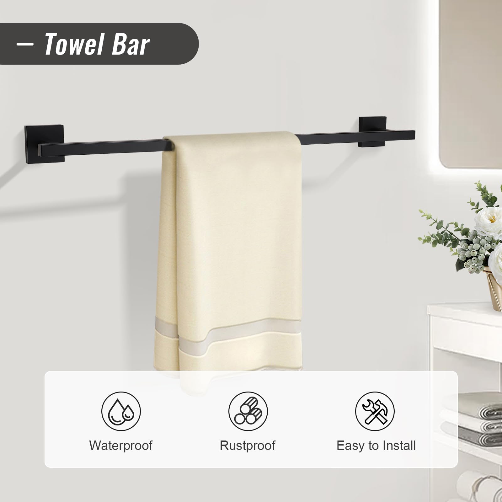 Yacvcl Black Towel Bar Set 5-Piece Bathroom Hardware Set,Square Sus304 Stainless Steel - 23.6 Inch Wall Mounted Towel Rack,Toile