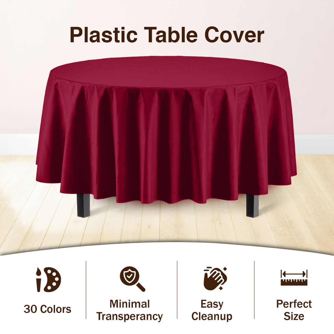 Exquisite 6-Pack Premium Plastic Tablecloth 84In. Round Plastic Table Cover - Burgundy