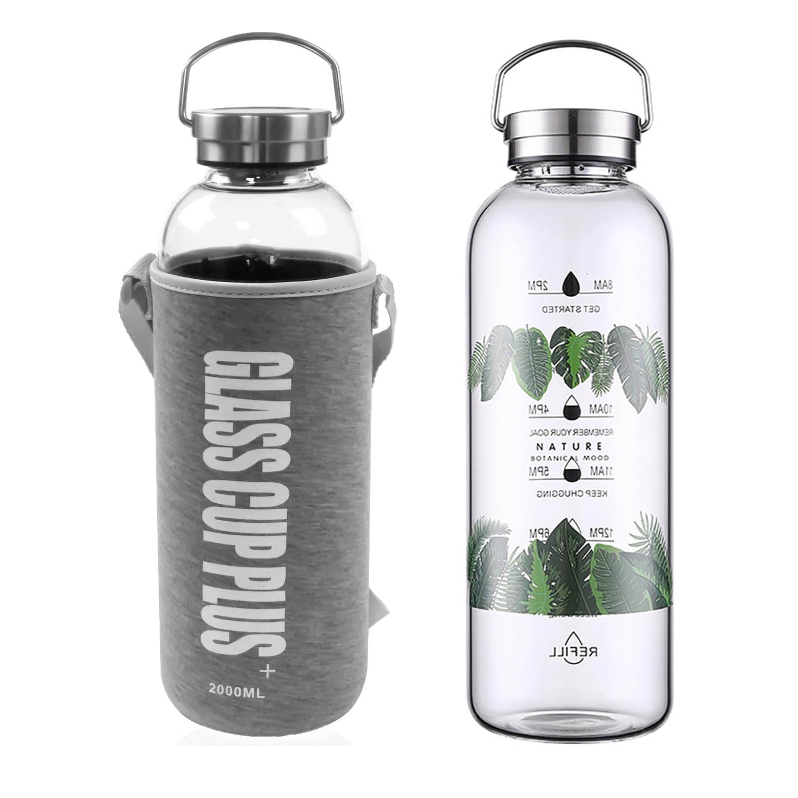 Yenergy 50 oz Glass Water Bottle with Time Markers - 1500ml Borosilicate Sport Bottle, Stainless Steel Handle & Strainer, BPA-Fr