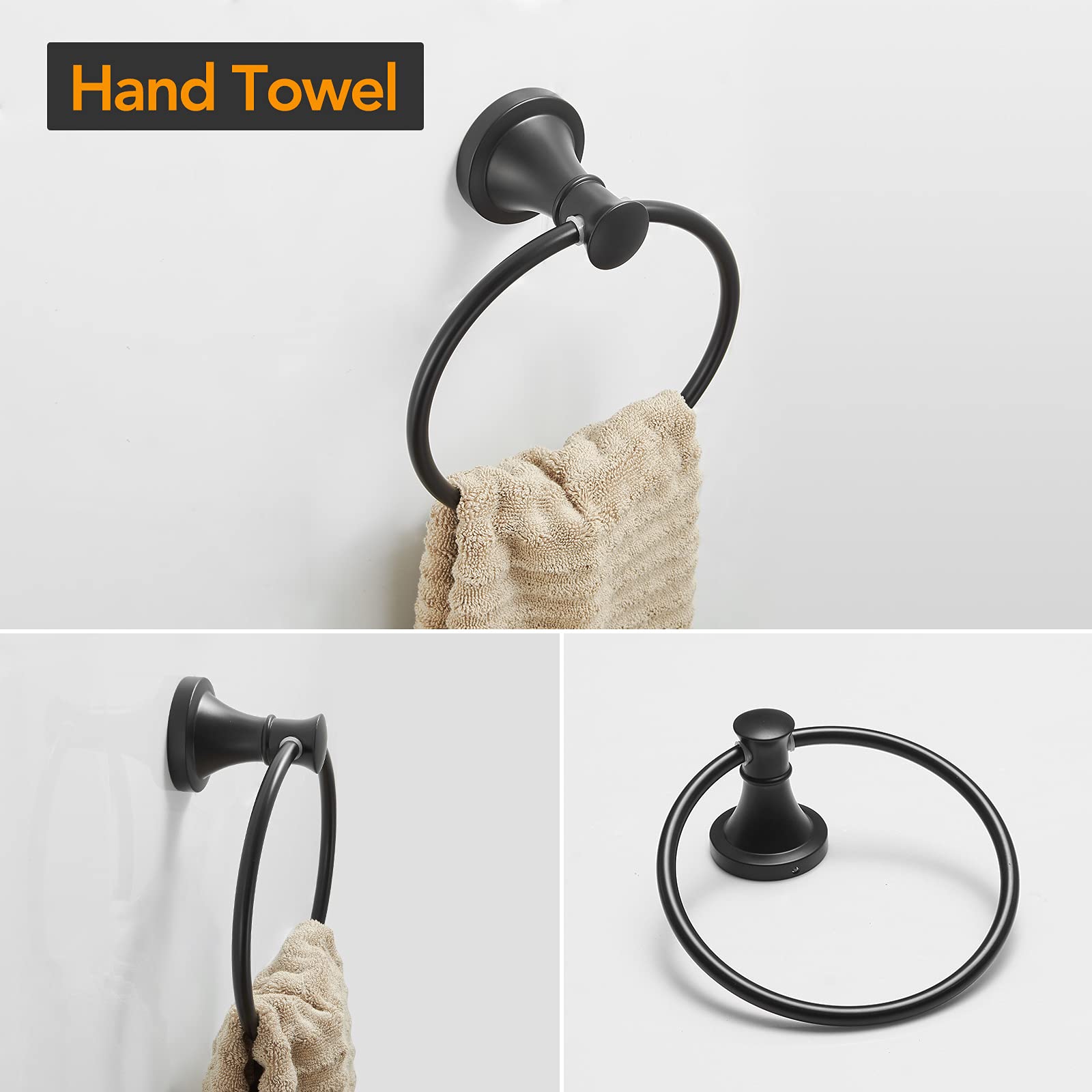 BESy Matte Black 4 Piece Bathroom Accessories Set (Single Towel Bar  Towel Ring  Toilet Paper Holder  Double Towel Hooks)  Wall Mounted Bath Hardware Accessory Fixtures Rack Set